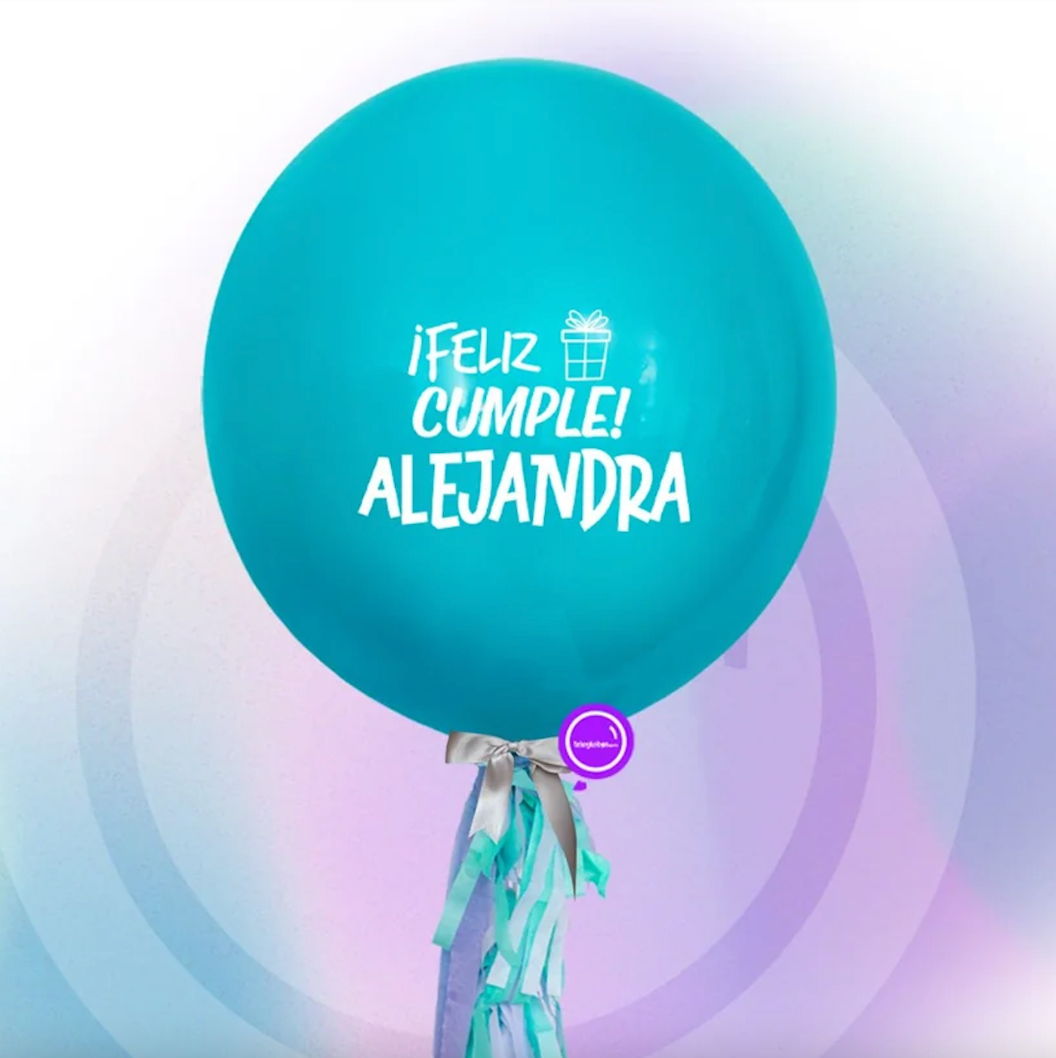 Globo gigante de látex turquesa estampado en vinil «¡Feliz Cumple! Alejandra» con moño plateado y tassel — globos gigantes personalizados Teleglobos CDMX