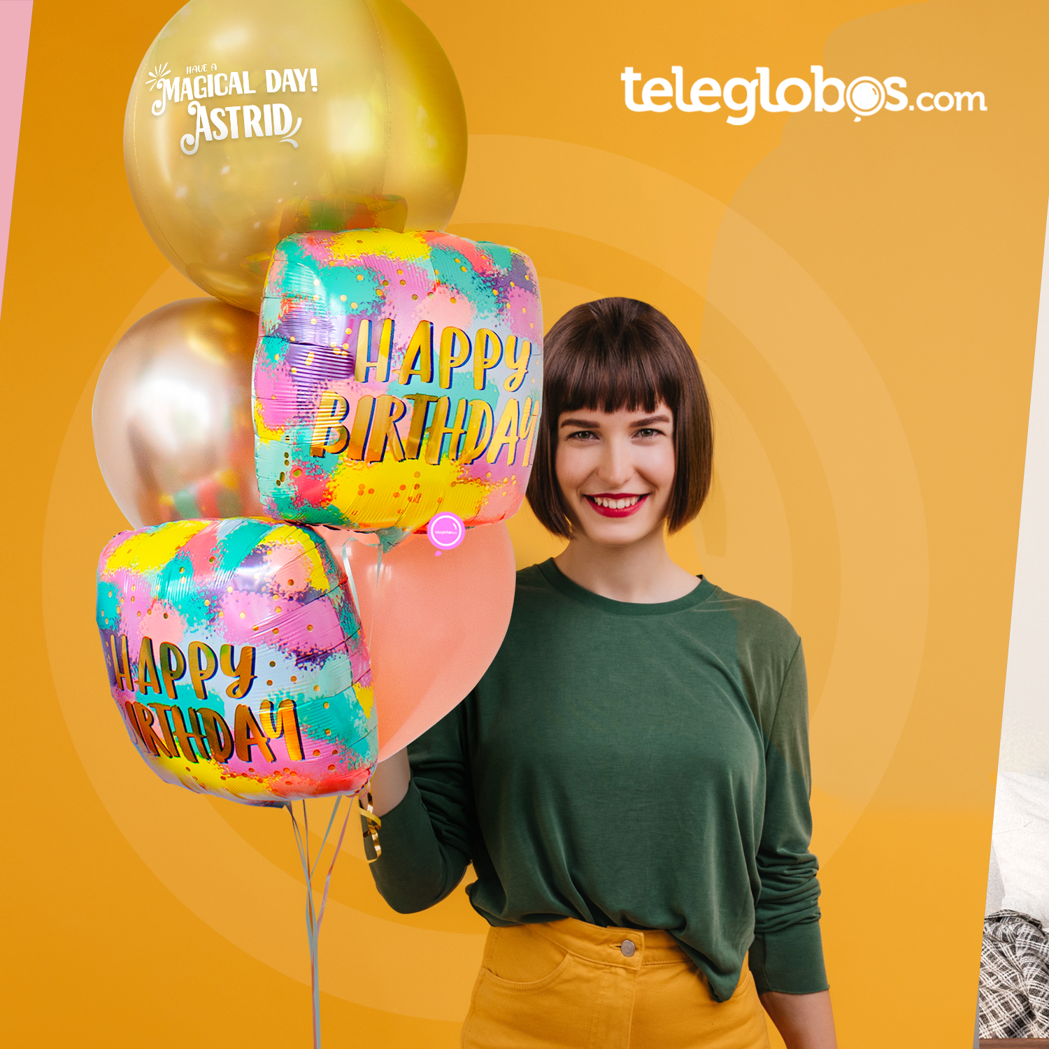 Mujer sonriente con bouquet de globos de cumpleaños: orbz dorado estampado Have a Magical Day y cuadrados Happy Birthday coloridos con cromados — globos de cumpleaños para mujer Teleglobos CDMX