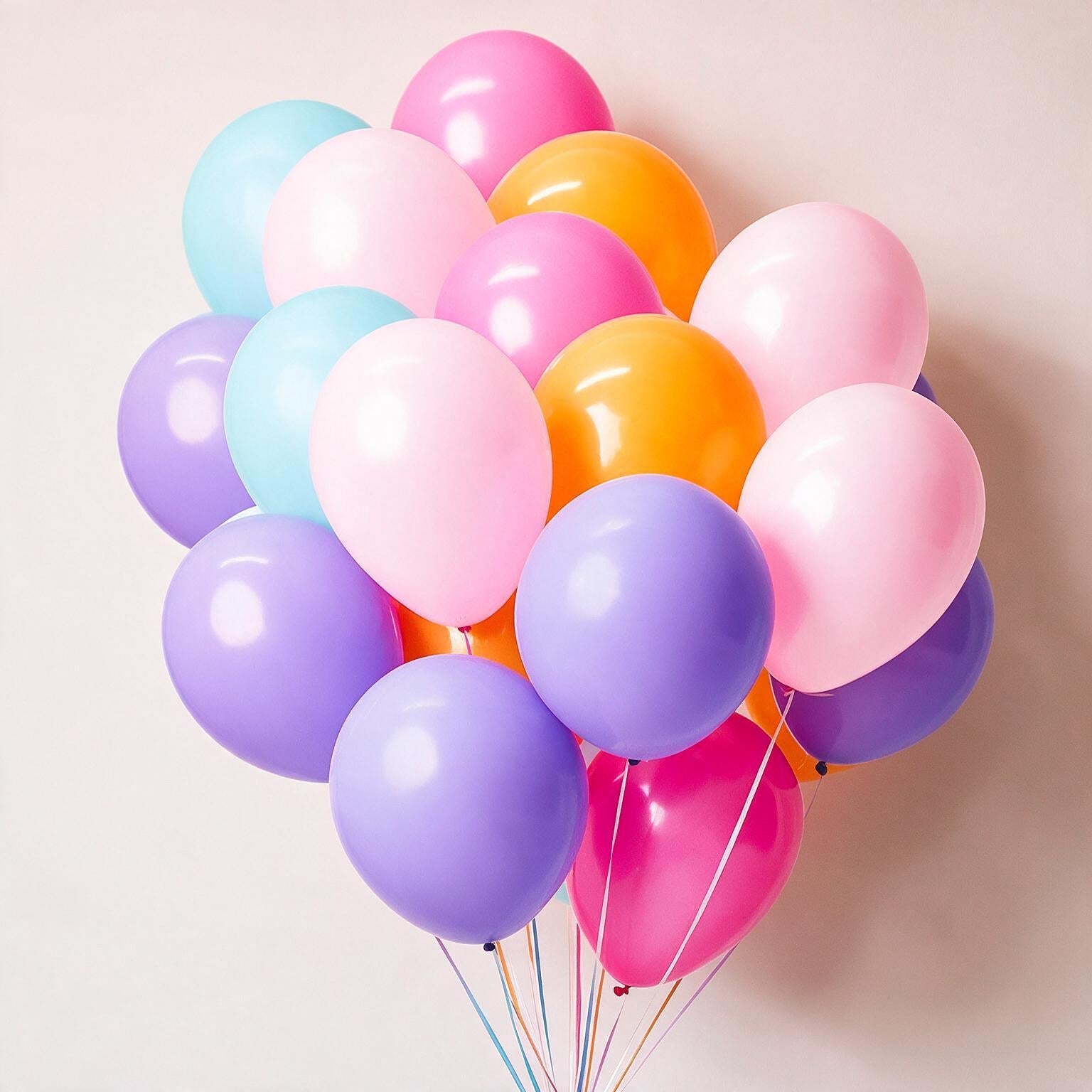 Racimo de globos de látex con helio en lila, rosa, fucsia, naranja y azul pastel con listones — globos de helio de colores Teleglobos CDMX
