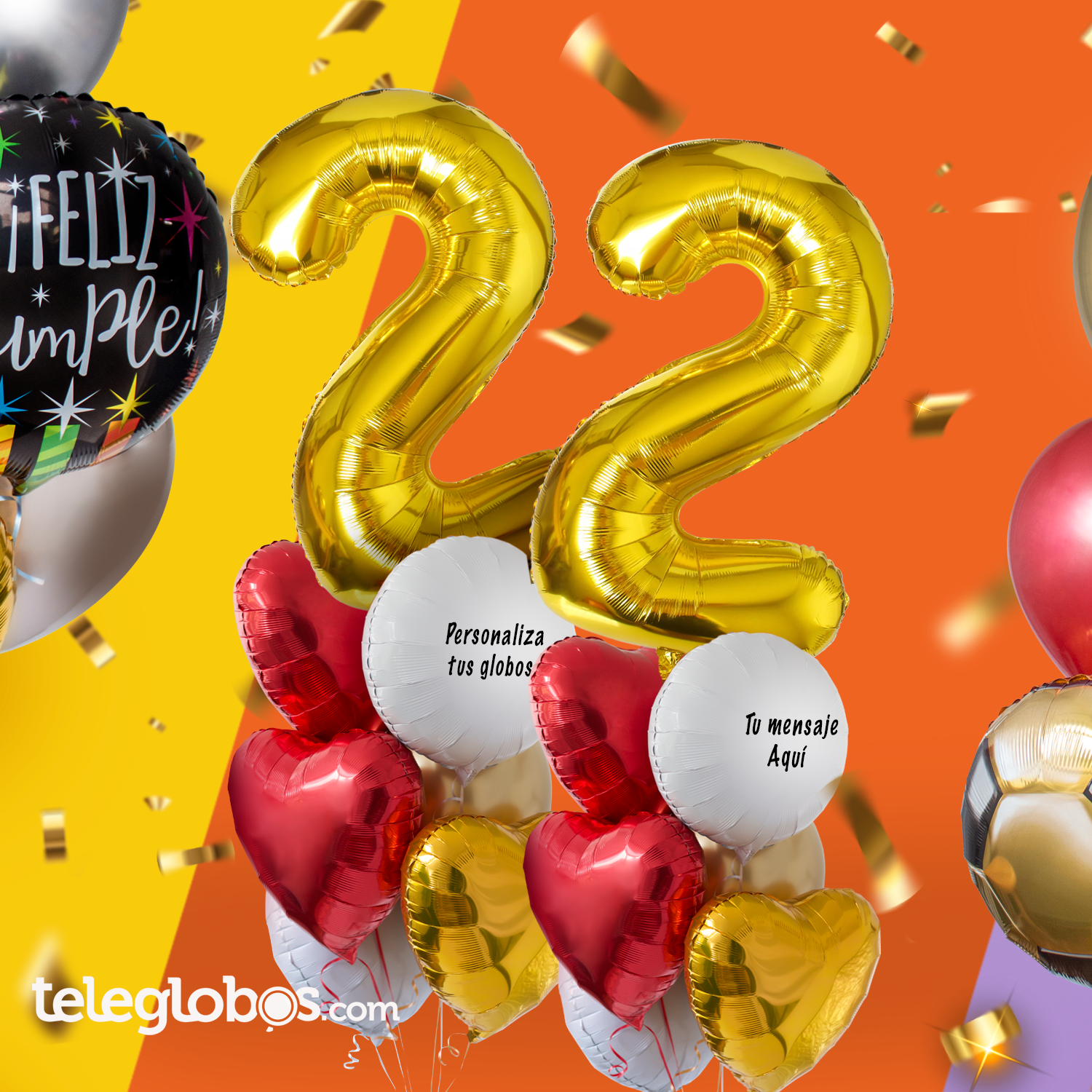 Bouquet con dos números dorados gigantes 22 con helio sobre corazones rojos y dorados y globos personalizables — globos de números Teleglobos CDMX