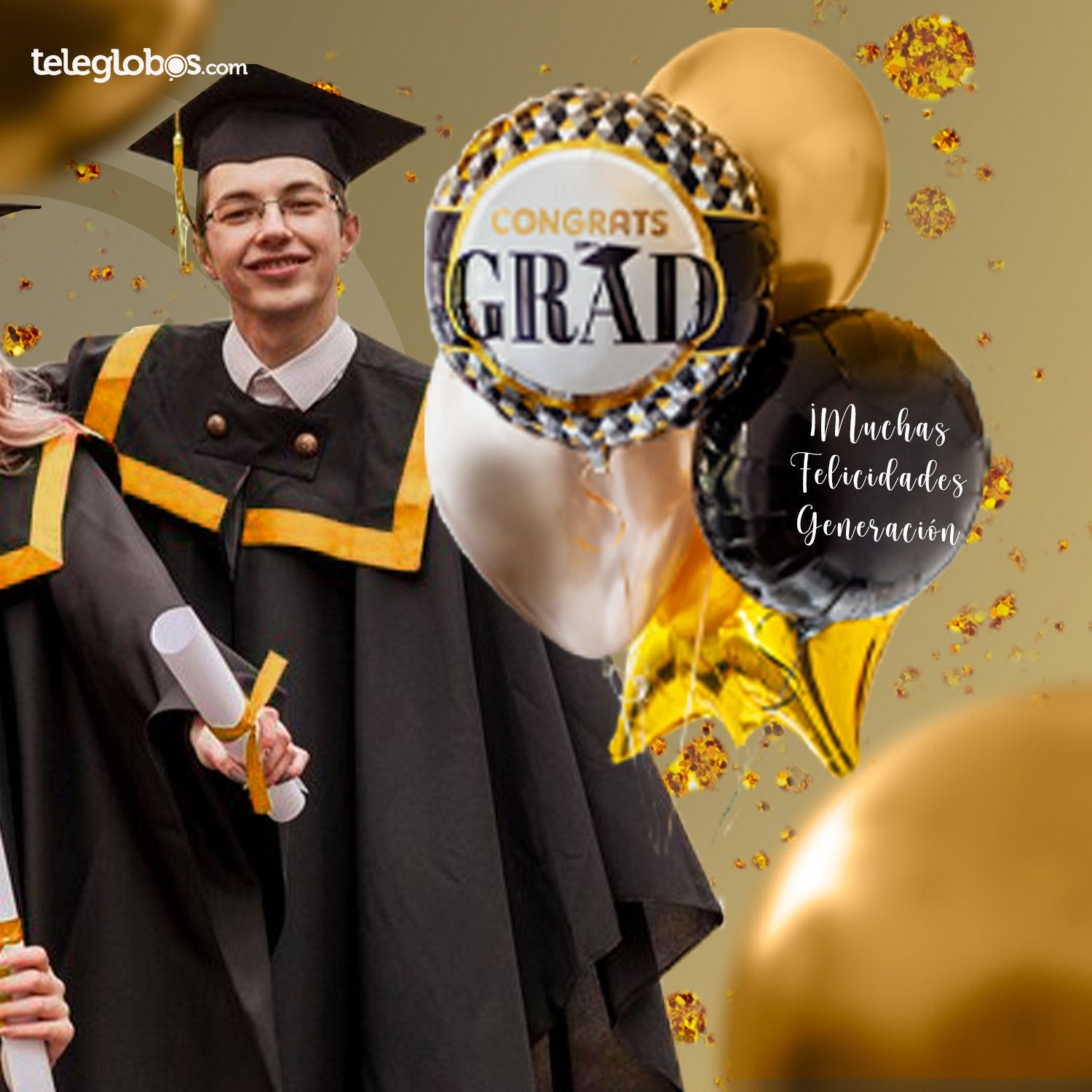 Graduados con toga, birrete y diploma junto a bouquet de globos Congrats Grad negro y dorado estampado ¡Muchas Felicidades Generación! — globos de graduación Teleglobos CDMX
