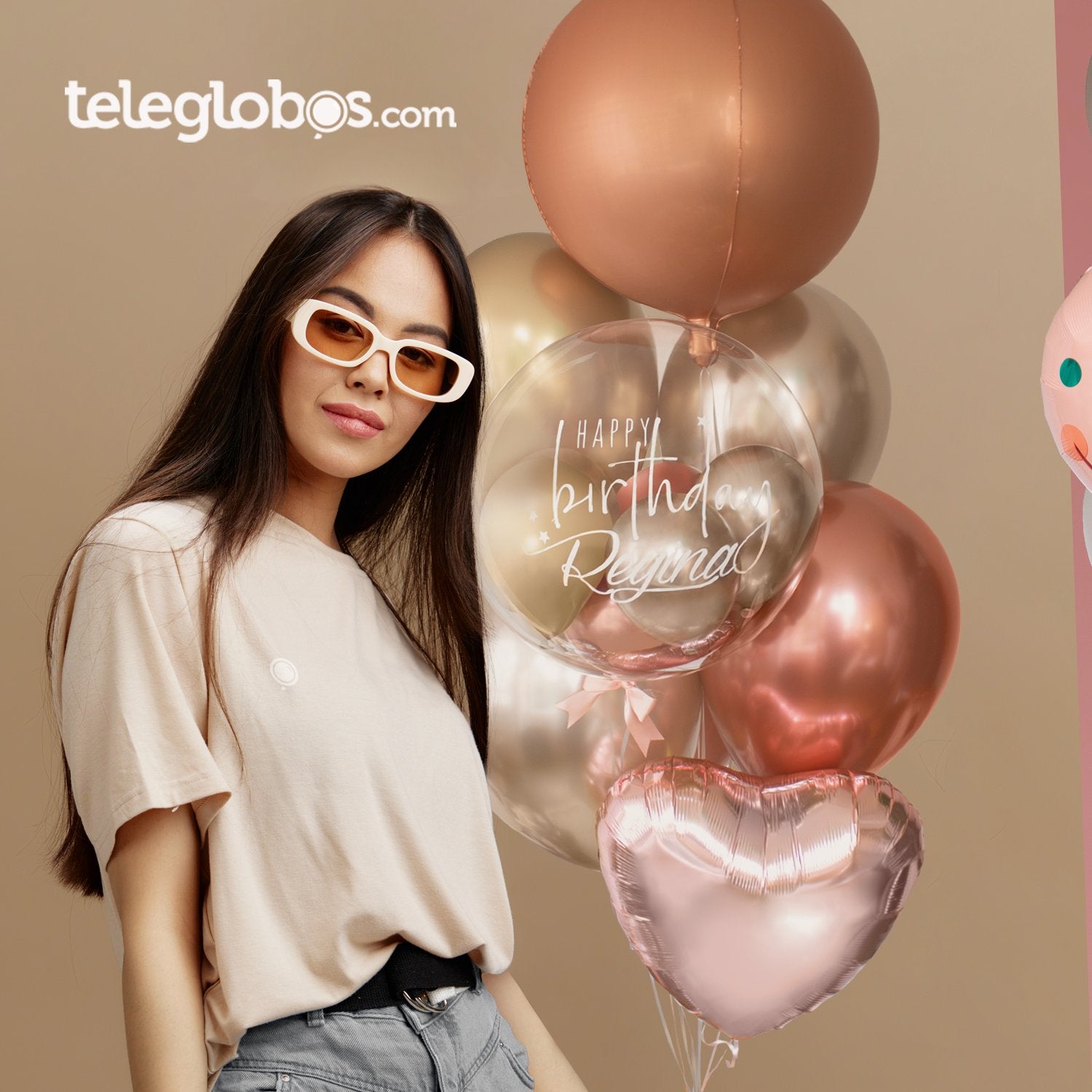 Globo burbuja transparente personalizado Happy Birthday con mini globos cromados adentro, en bouquet rosa dorado con corazón metálico