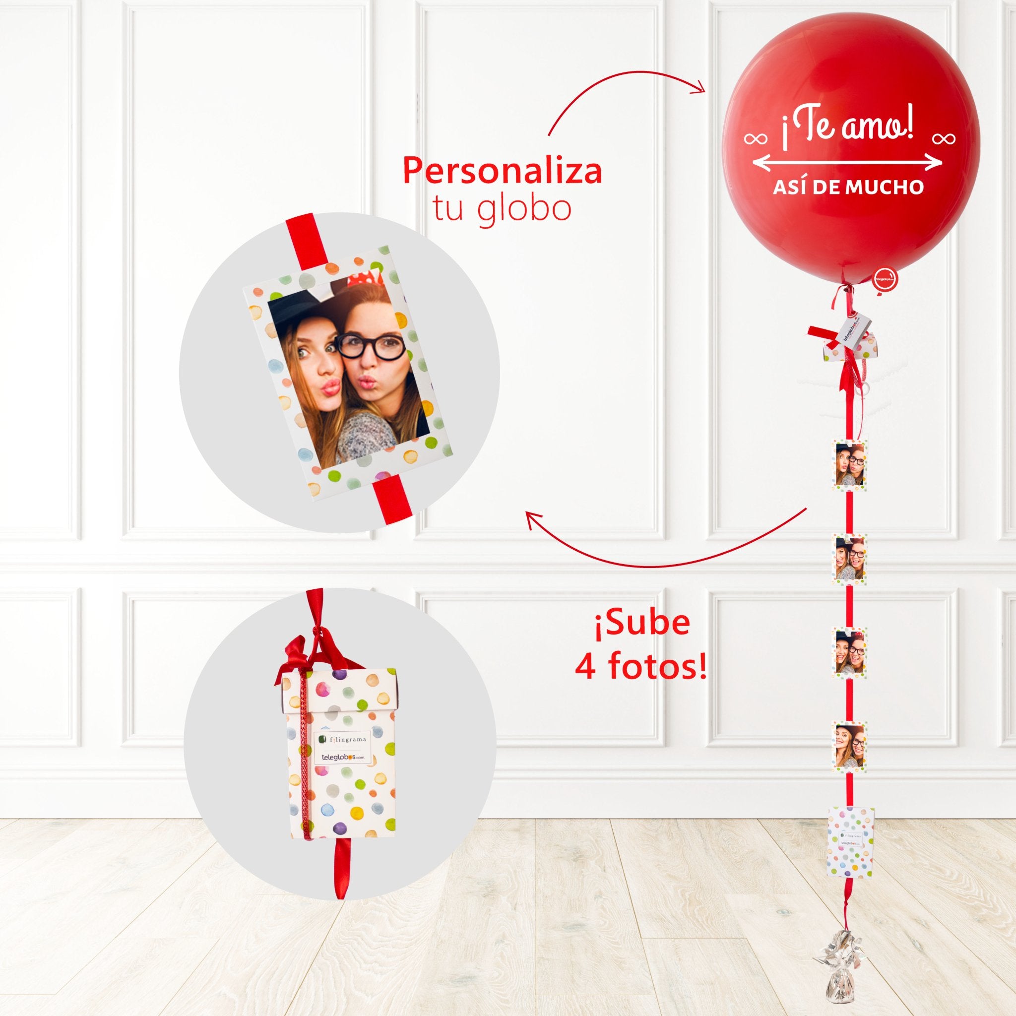 Globo gigante rojo estampado «¡Te amo! así de mucho» con 4 fotos impresas colgando de una cinta y cajita de regalo — globos con fotos Teleglobos CDMX