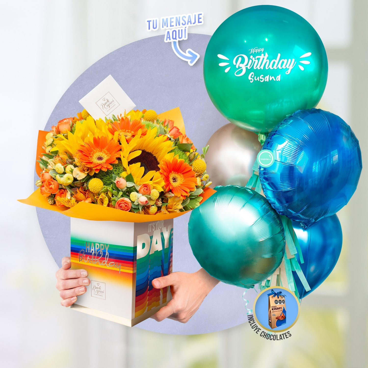 Set de regalo con bouquet de girasoles y gerberas de Ponch & Capricó en caja It’s Your Day, bunch de globos turquesa personalizado Happy Birthday y chocolates — arreglos de flores con globos Teleglobos CDMX
