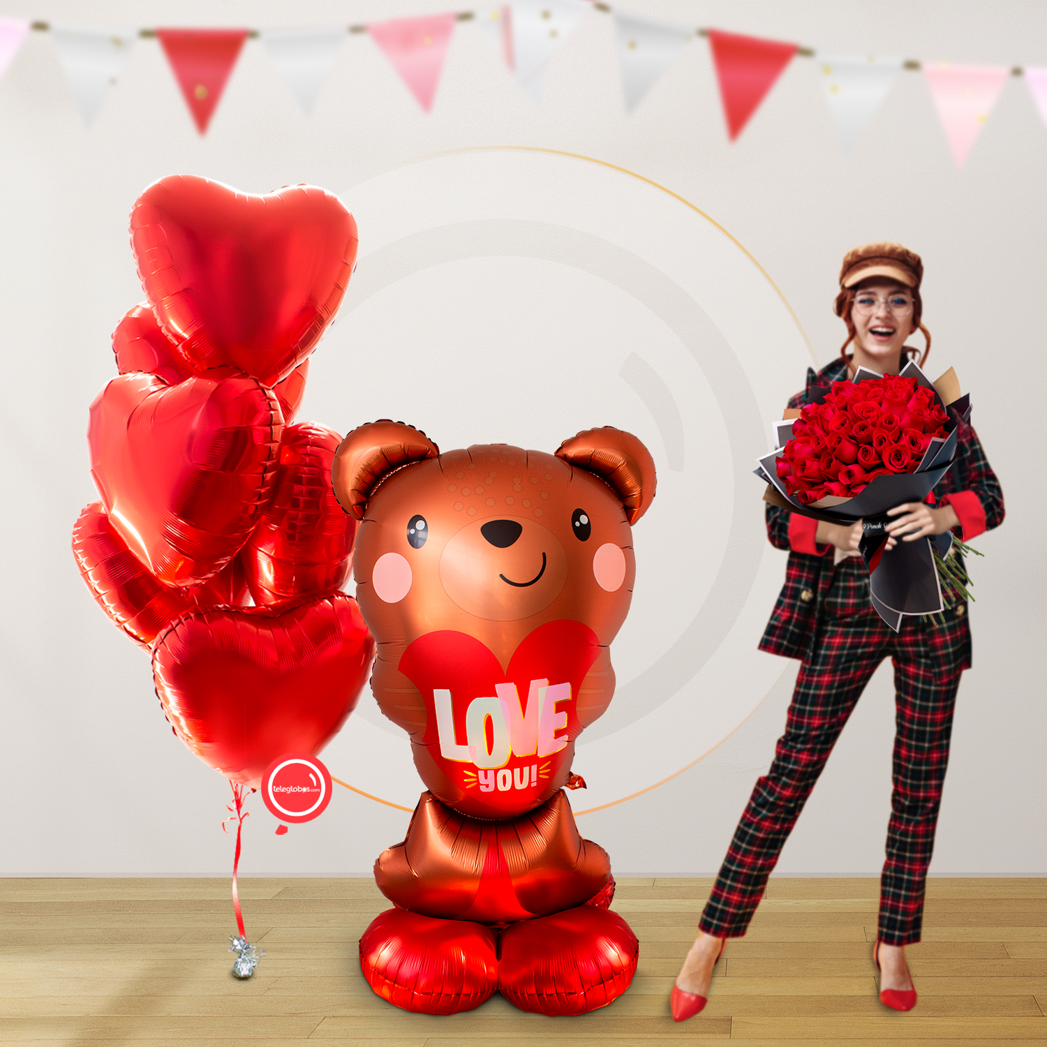AirLoonz Osito, 50 Rosas Rojas y 6 globos de corazón (y chocolates)