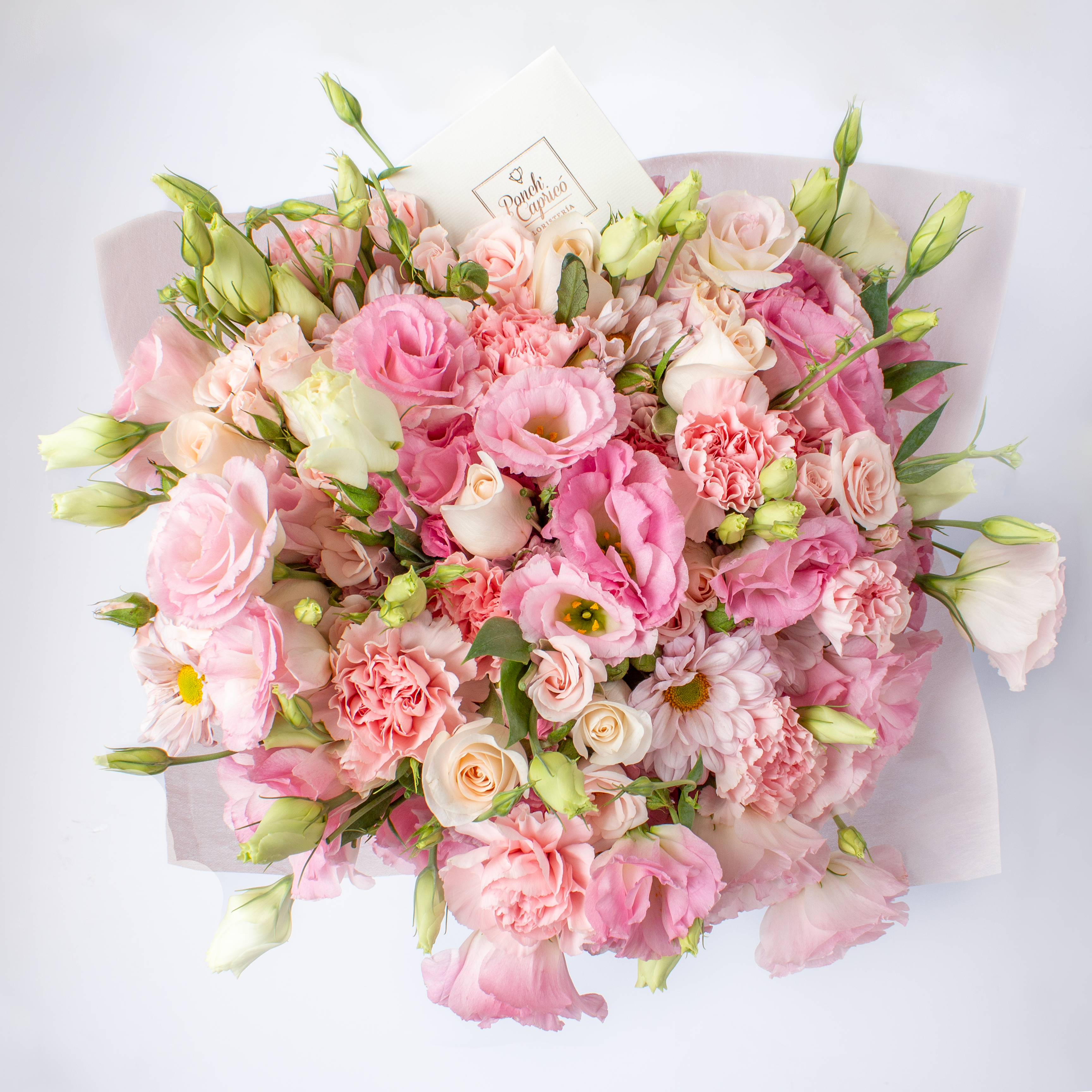 Arreglo Floral de Rosas, Clavel Rosado, Mini Rosas y Lisianthus Místico -GI030-