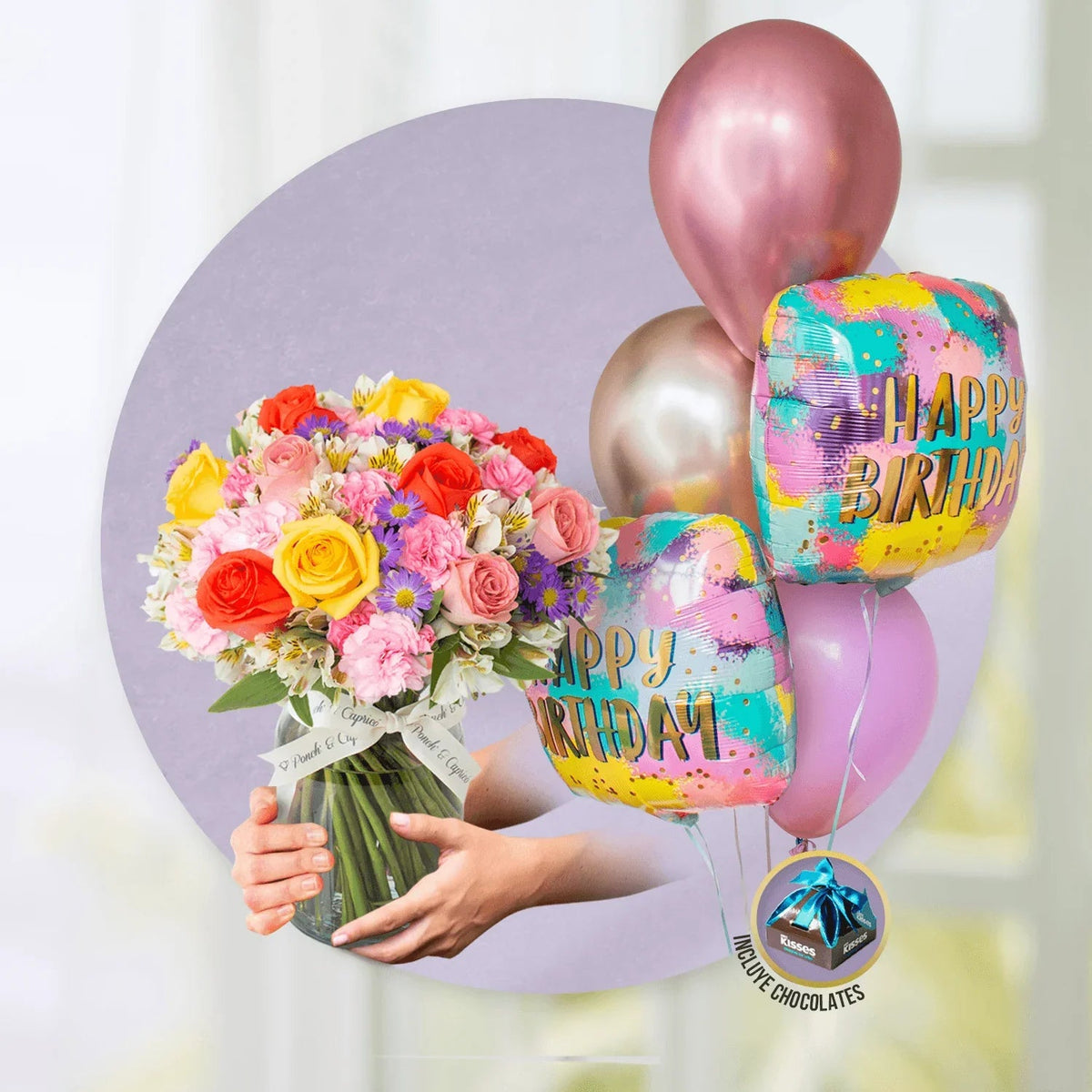 Arreglo floral de 12 Rosas Mix, Alstro Blanca y Clavellinas Rosadas -GI011-
