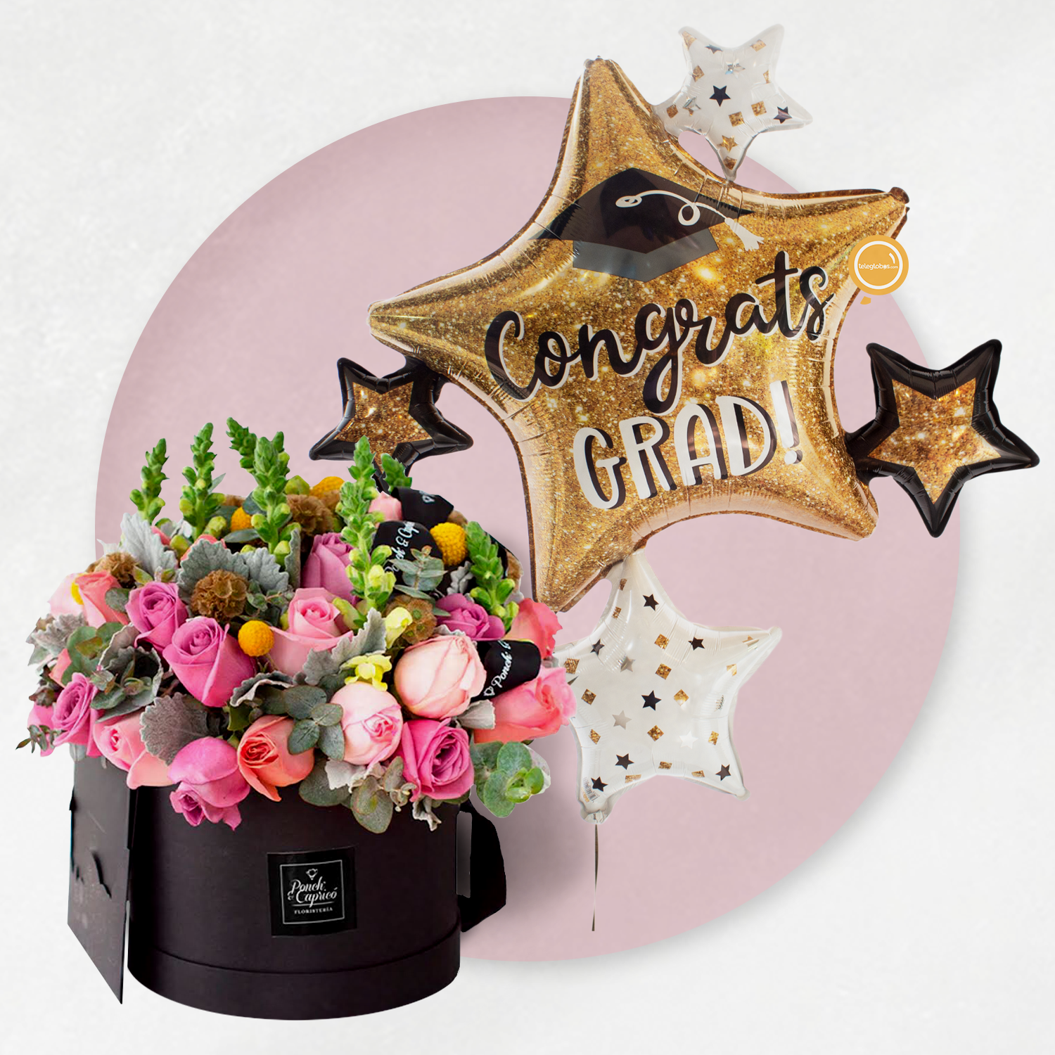Arreglo floral de Rosas y Boca de Bragón con Globo Gigante de Graduación -SET158-