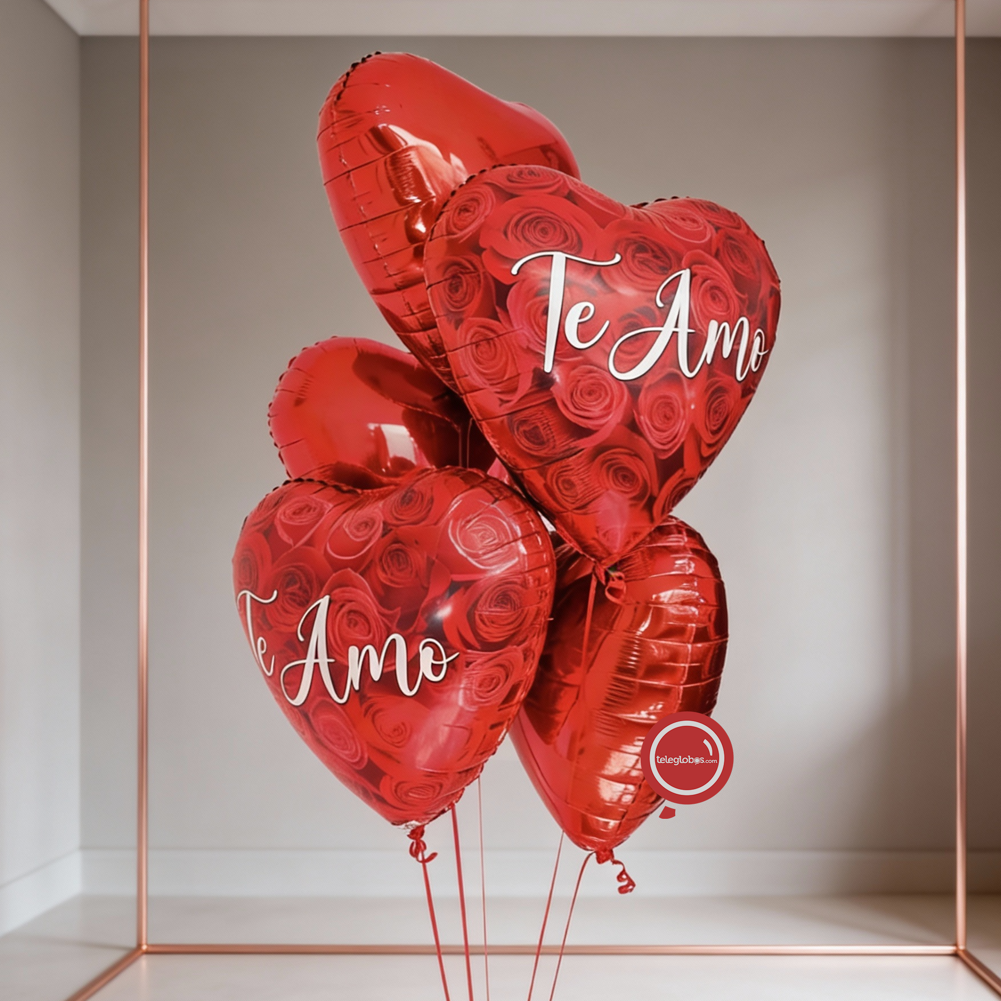 Bouquet de Globos de Amor Inflados con Helio - Te amo (con fondo de Rosas Rojas)