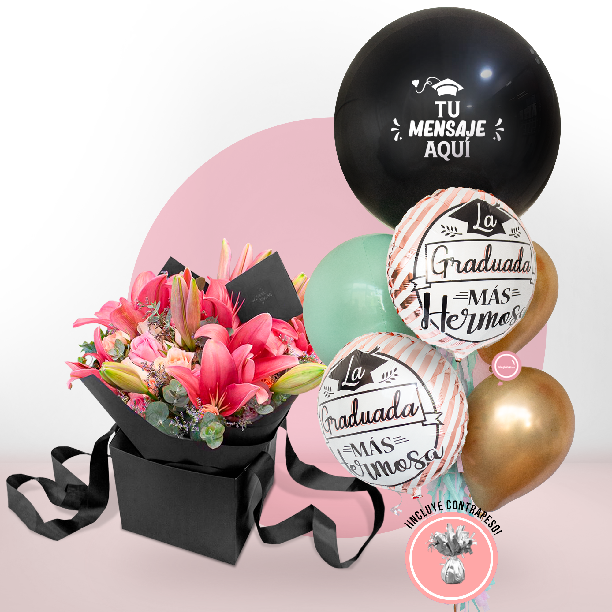 Bouquet de Lirios, Rosas y Mini Rosas Rosadas, Beige y Limonio + Bunch de Globos para Graduación - SET117