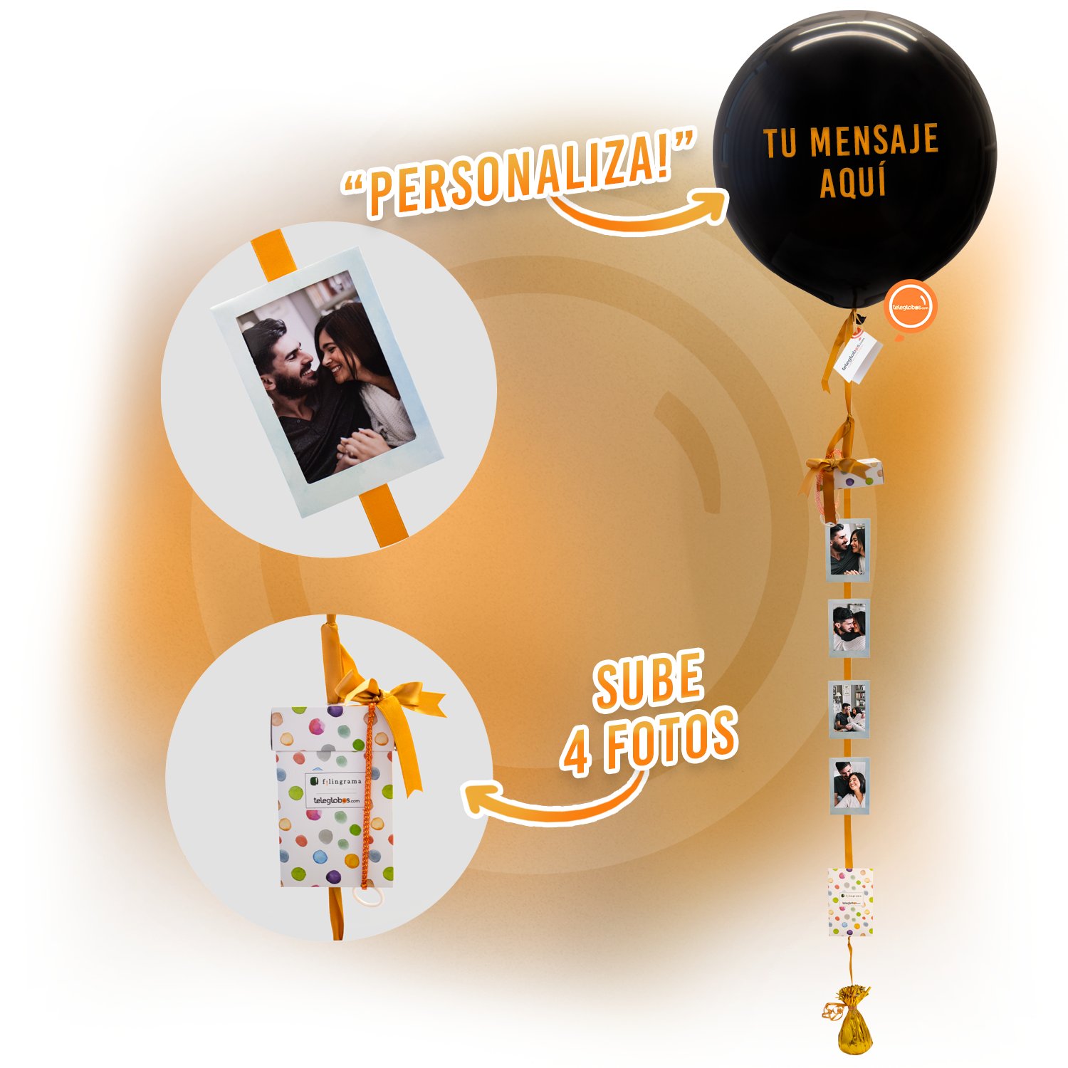 Globo Negro 24" personalizado + 4 Fotos