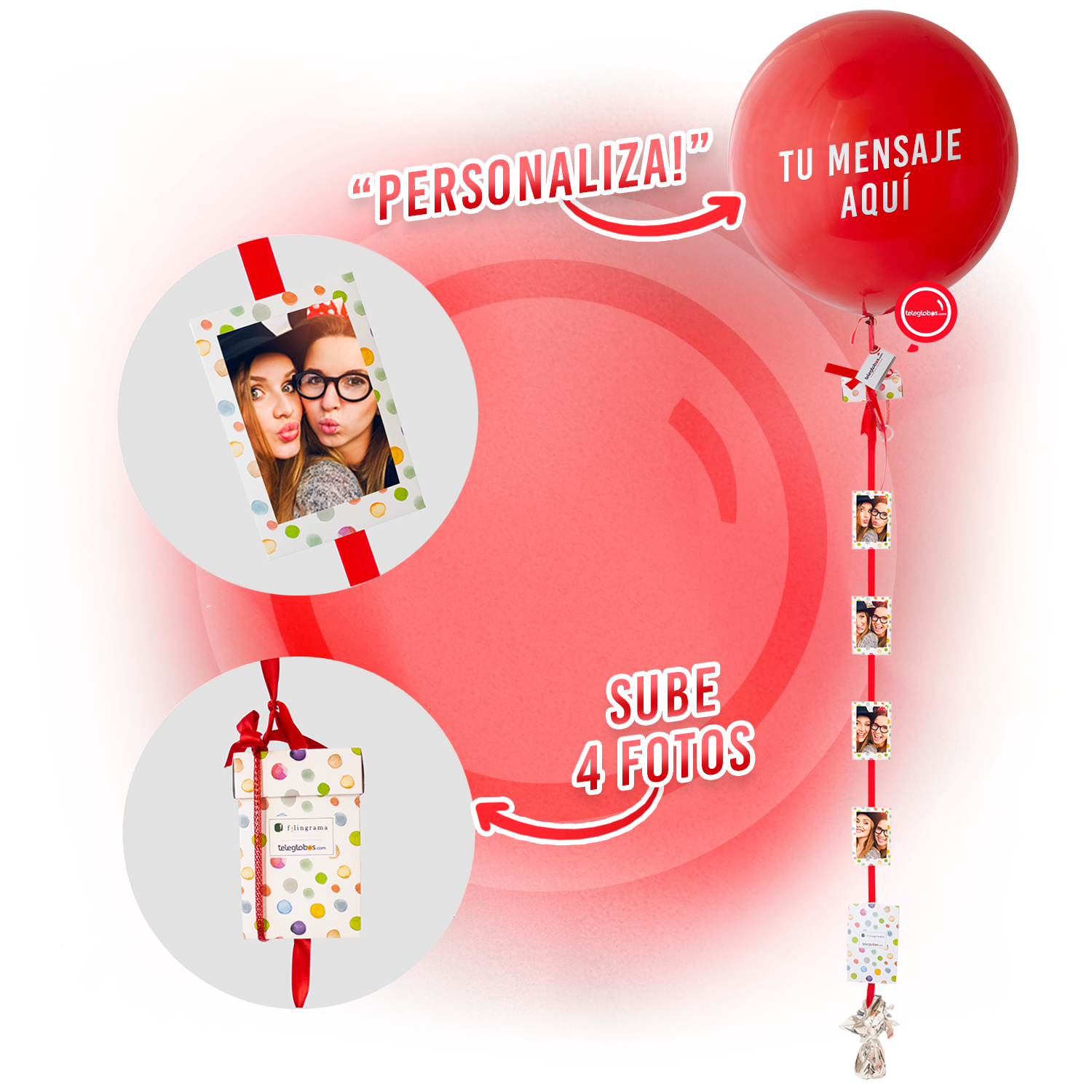 Globo Rojo 24" personalizado + 4 Fotos | Globos y Regalos Teleglobos.com.mx