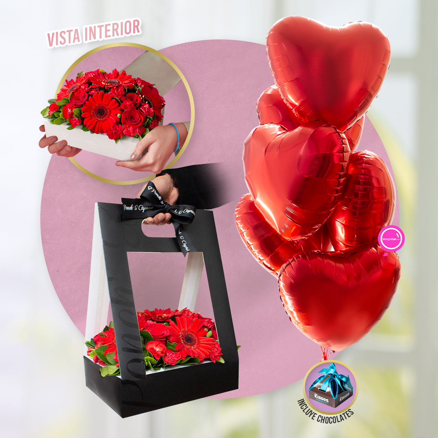 Flores en caja tipo Canasta de Gerberas y Rosas Rojas con 6 Globos de Corazones y Chocolates -SET001-