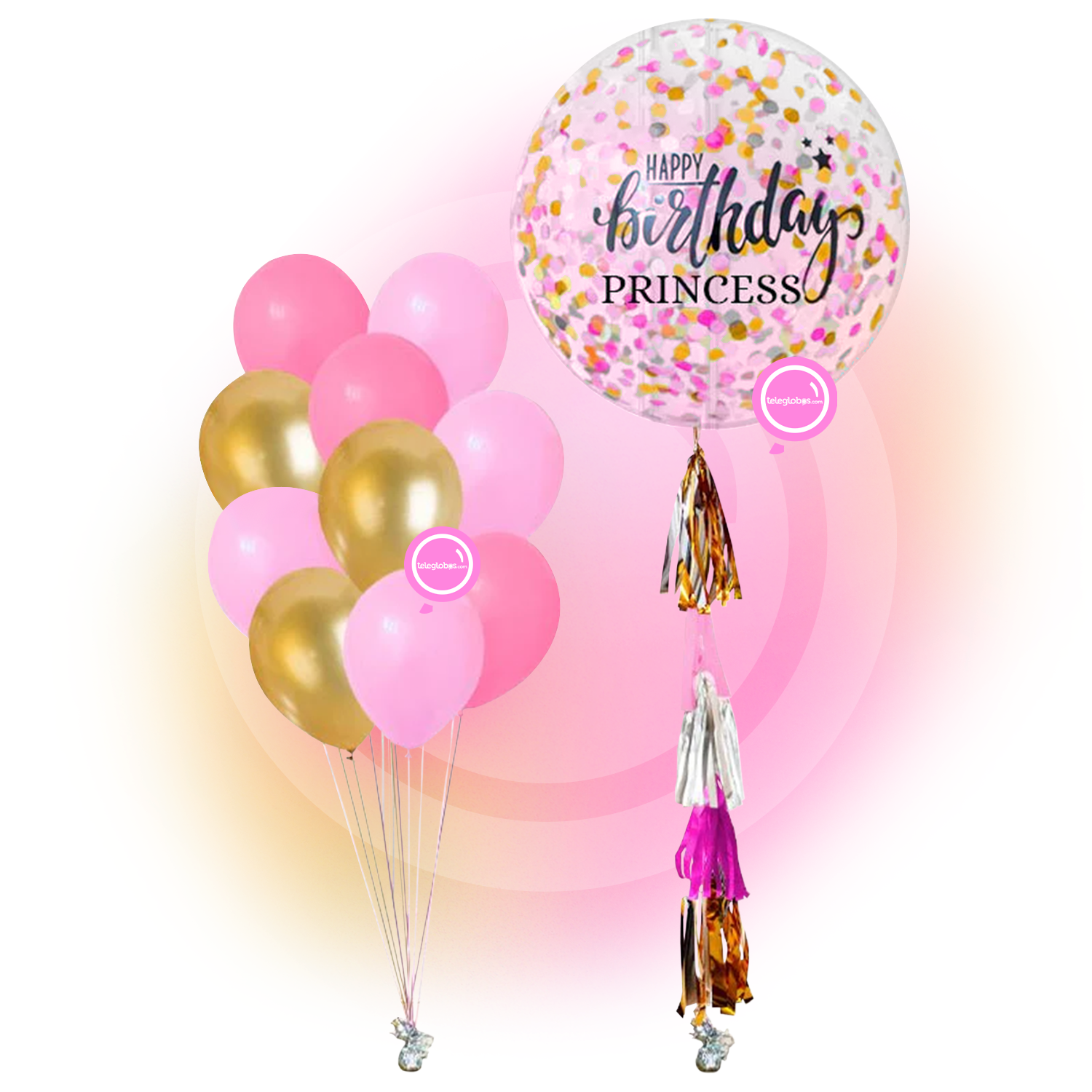 Globo 36" Personalizado con Confetti, Guirnalda y 10 globos de 12" | Globos y Regalos Teleglobos.com.mx. rosado