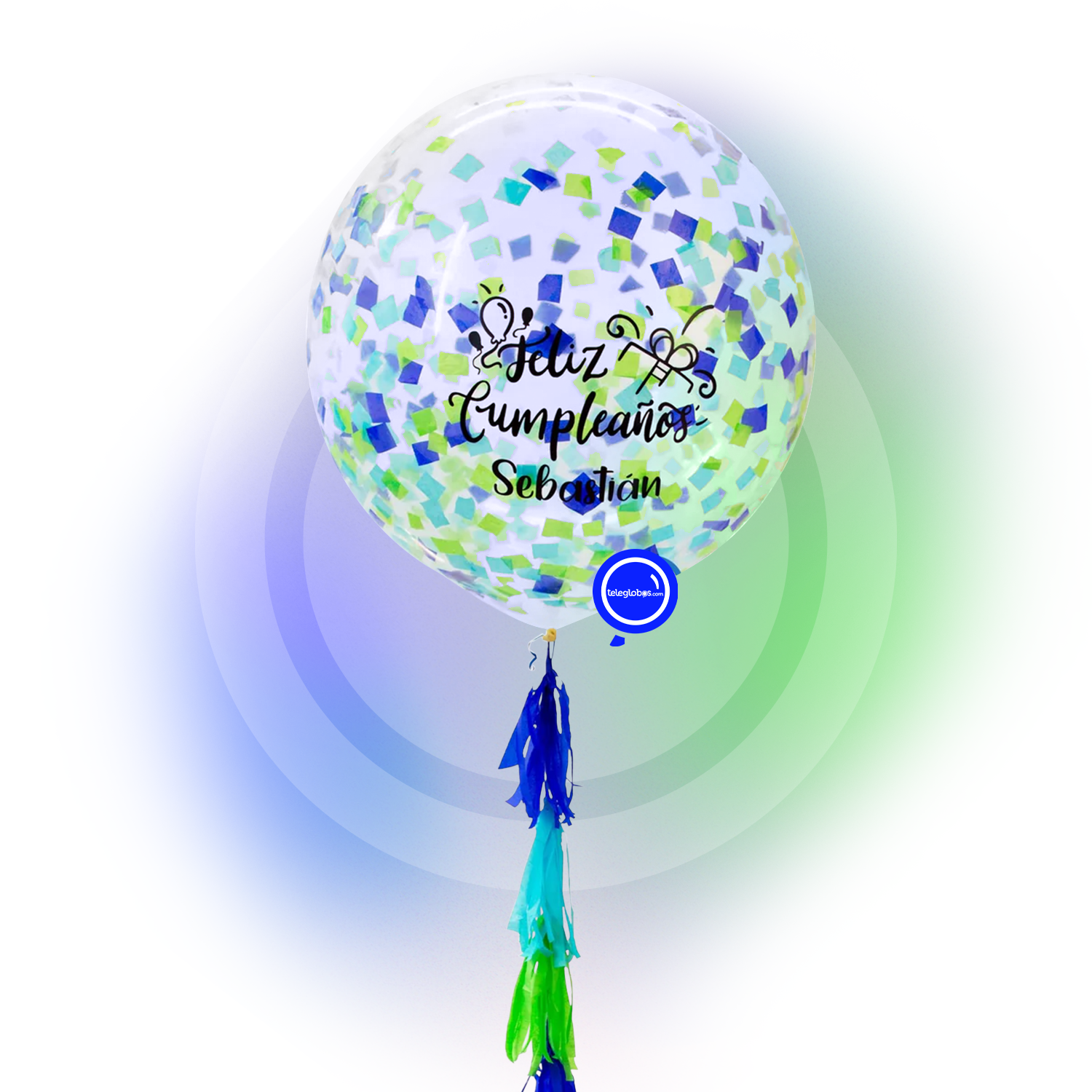 Globo grande/gigante personalizado con confetti -con helio- Azul/Verde Eco* | Globos y Regalos Teleglobos.com.mx.