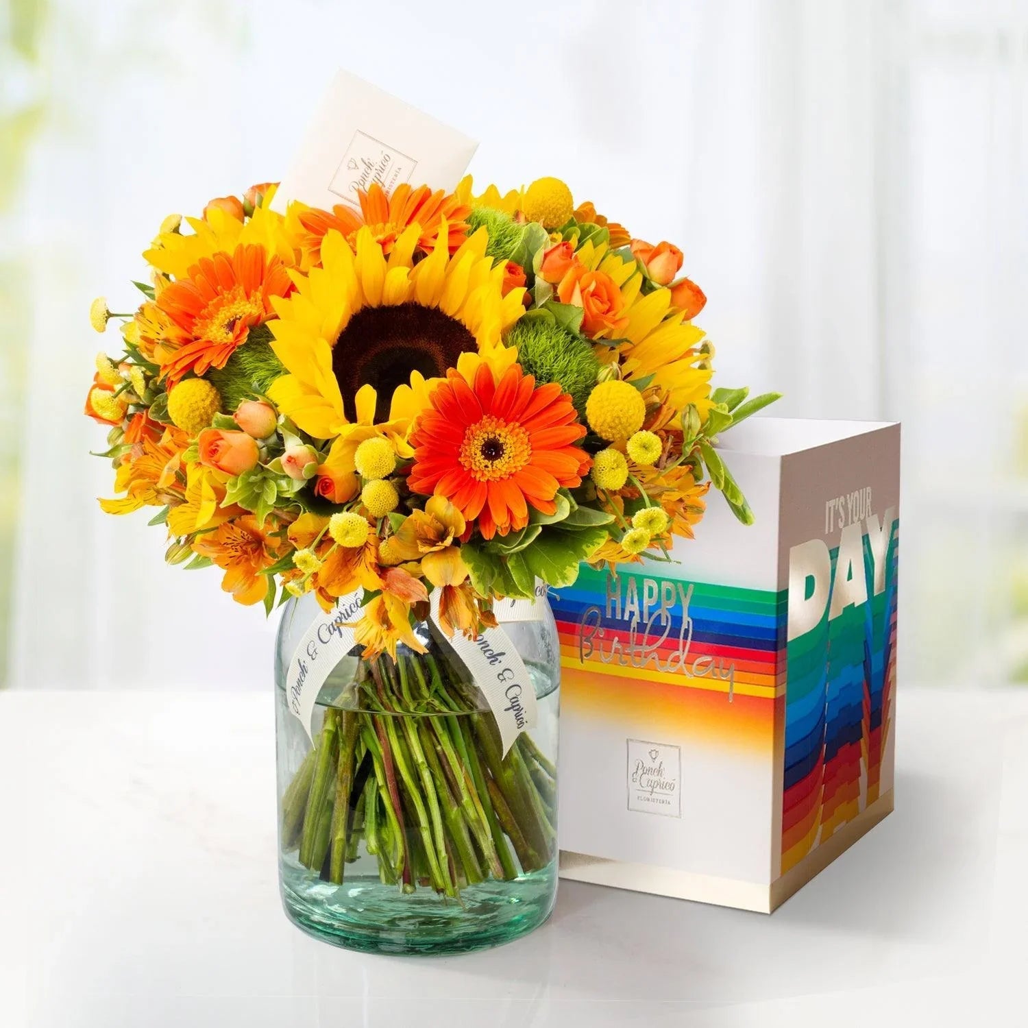 Ramo de Gerberas y Girasoles, Mini Rosas Naranja y Alstromelia Amarilla -GI028-