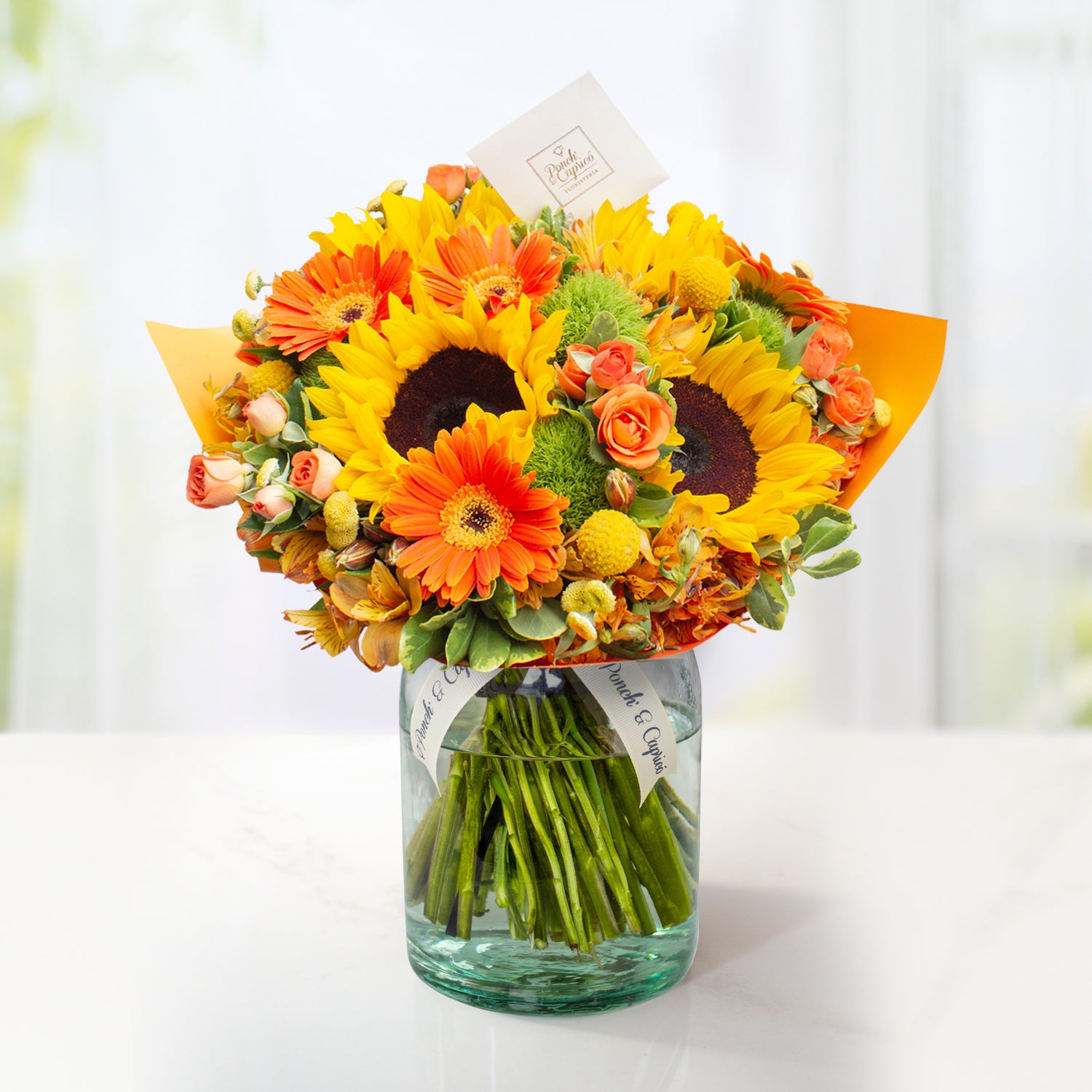 Floral Sunflower arrangement, orange gerberas, mini orange roses and yellow -ga