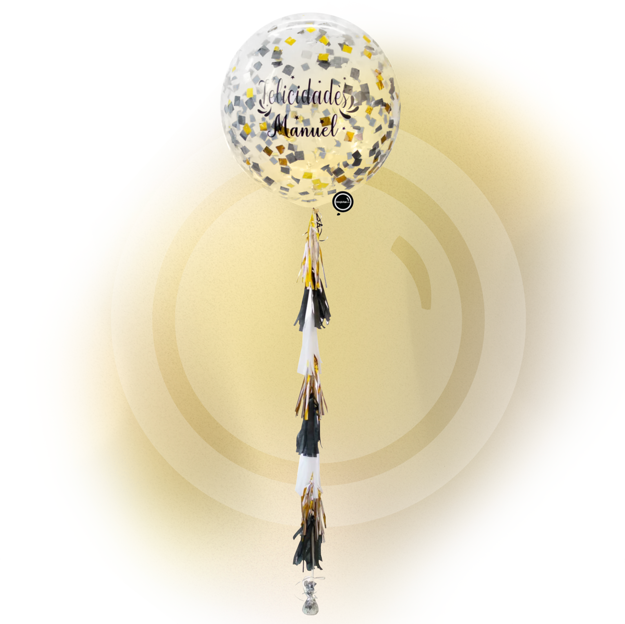Globo grandegigante personalizado con confetti -con helio- NegroDoradoPlata Eco