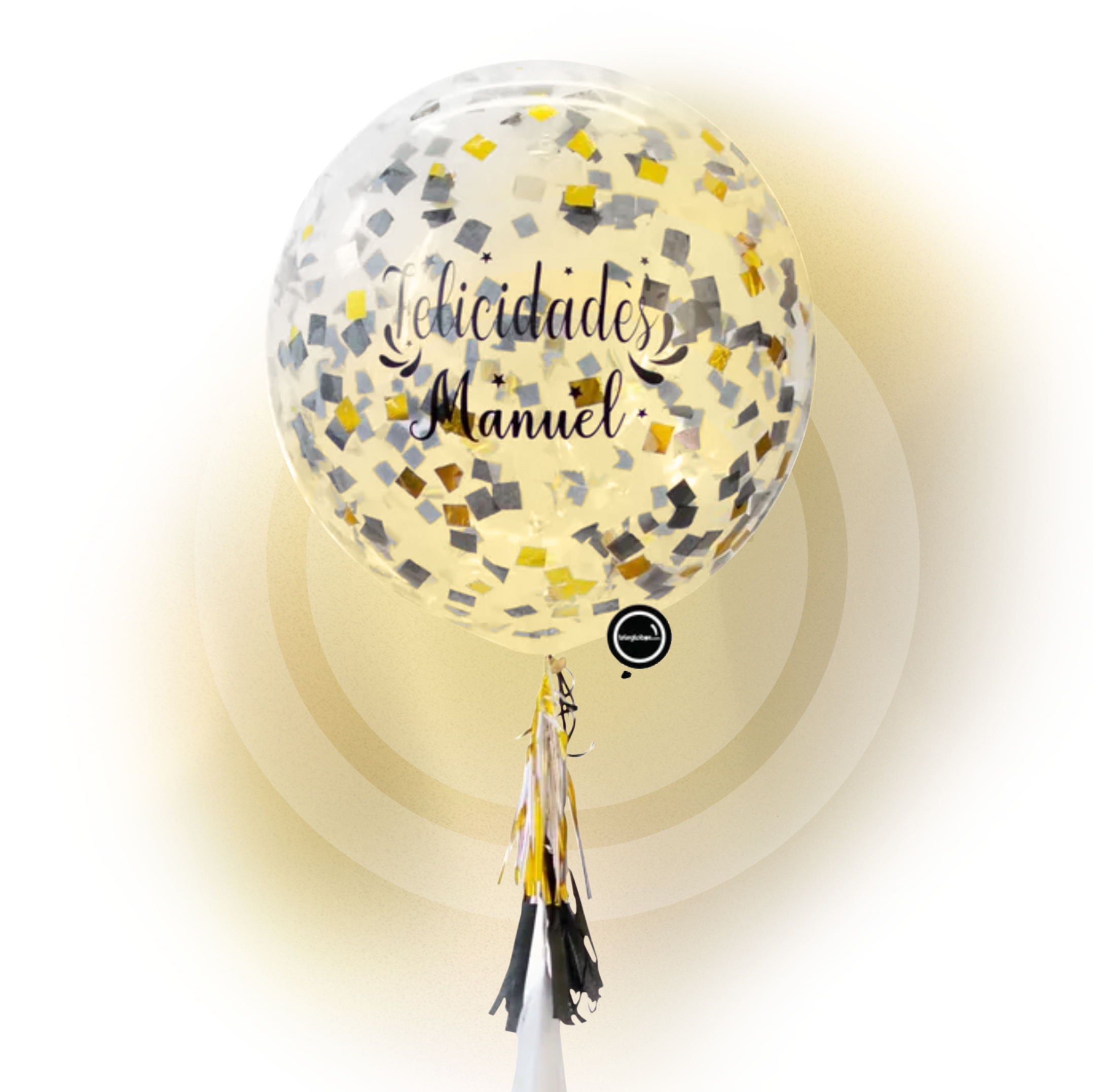Globo grandegigante personalizado con confetti -con helio- NegroDoradoPlata Eco