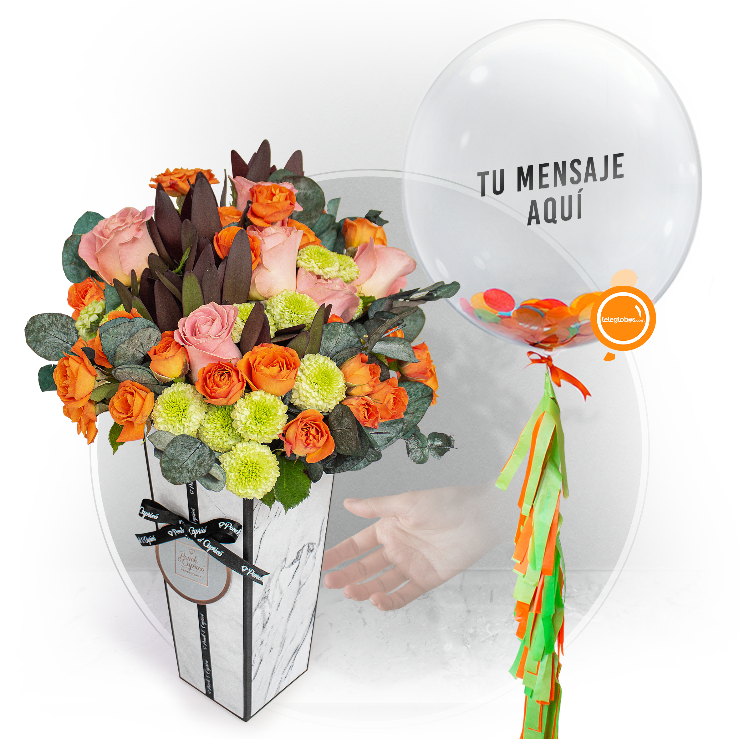 Arreglo de Rosas Rosadas, Rosas Naranja y Mix de Follaje - MIL002