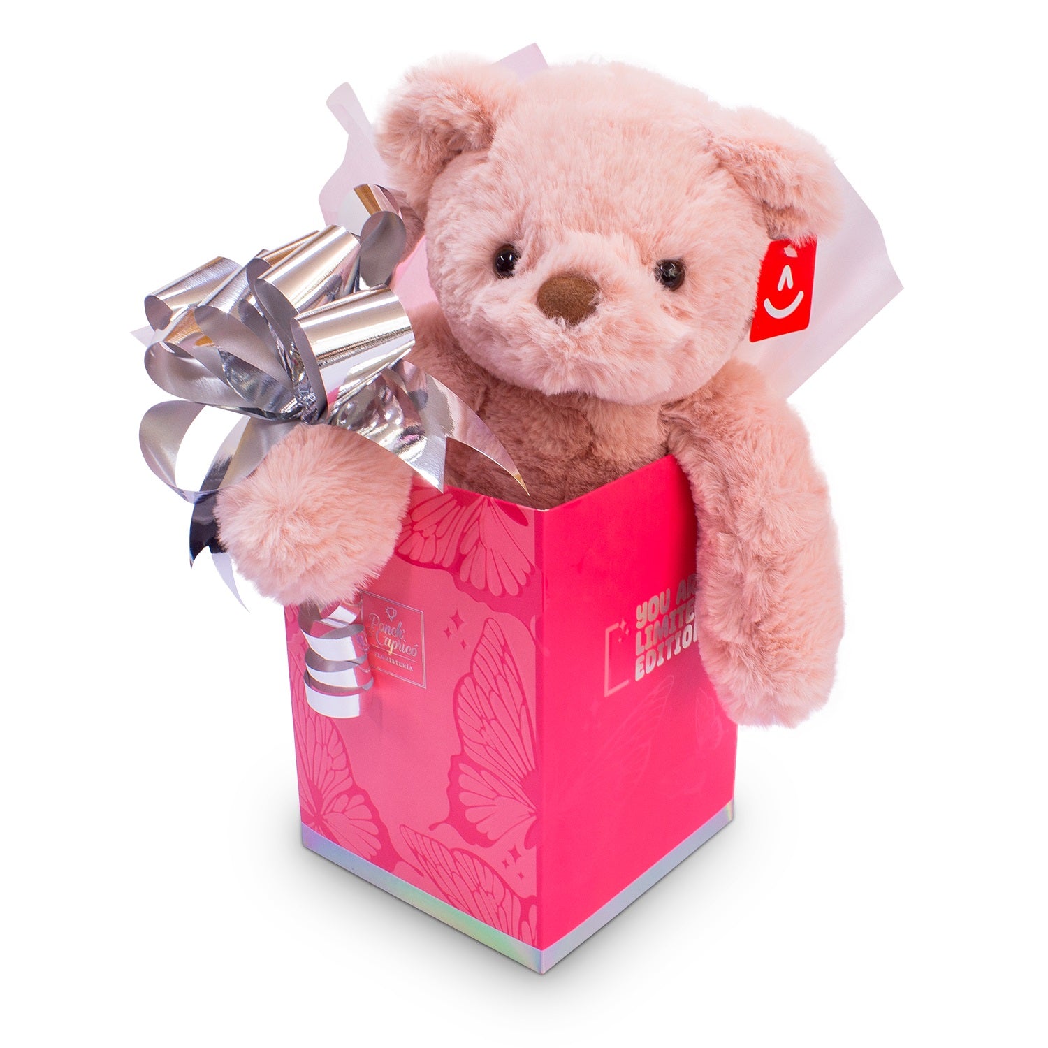 Regalos únicos, oso rosa, oso de peluche rosa en una caja de