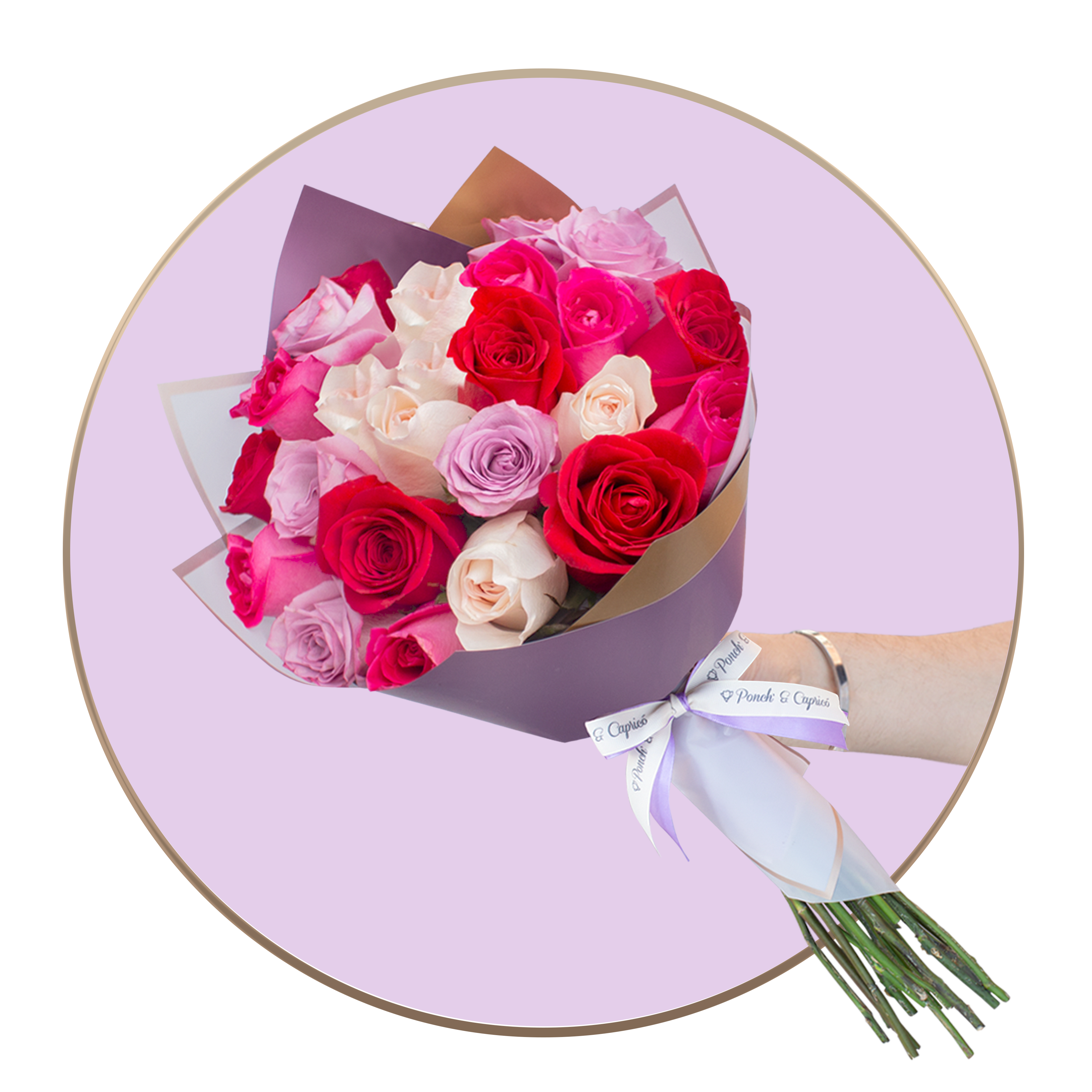 24, 50, 100 or 150 pale pink roses, lilas, magenta and red in bouquets
