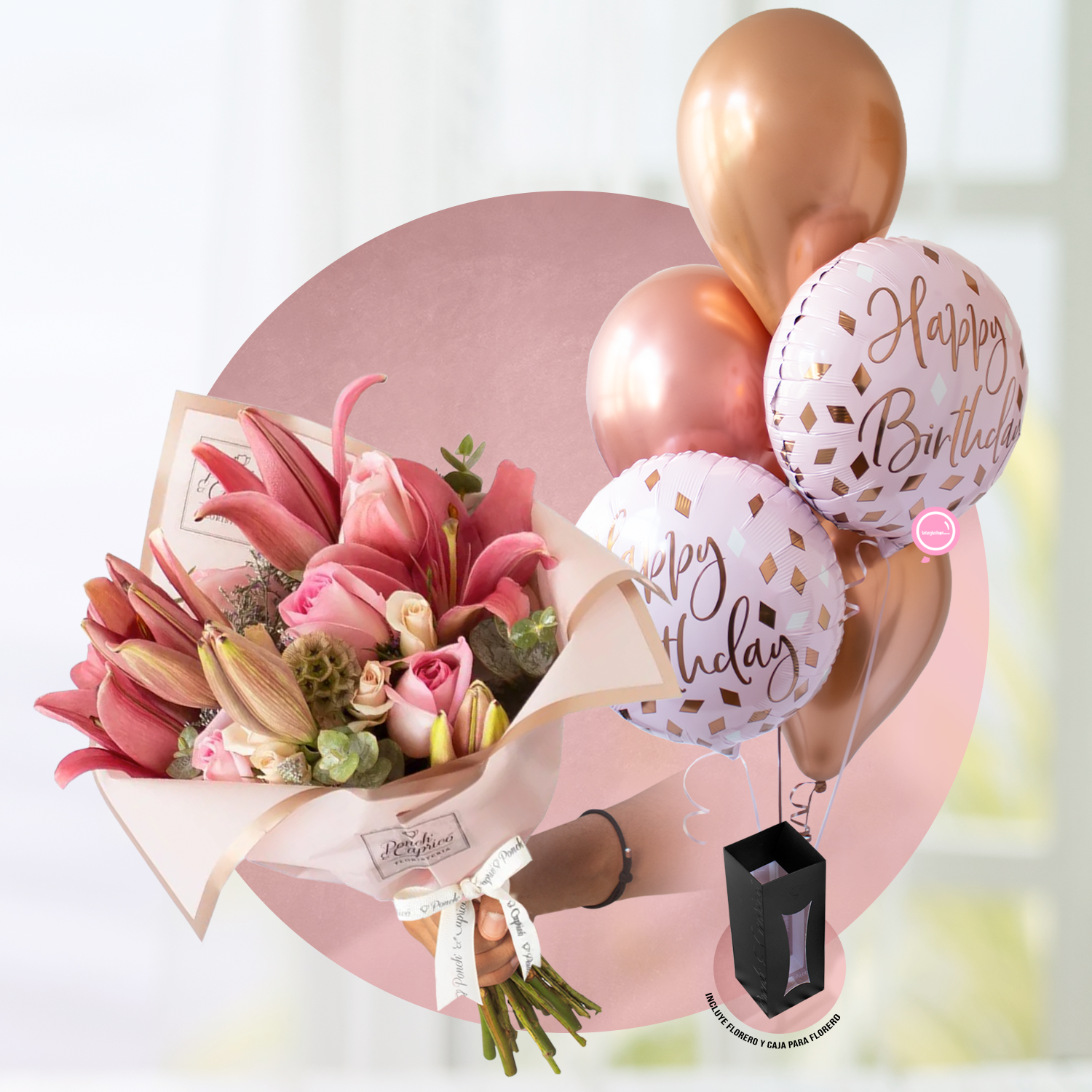 Ramillete de Rosas, Lillies, Mini Rosas y Escabiosa + Bouquet de Globos -SET027-