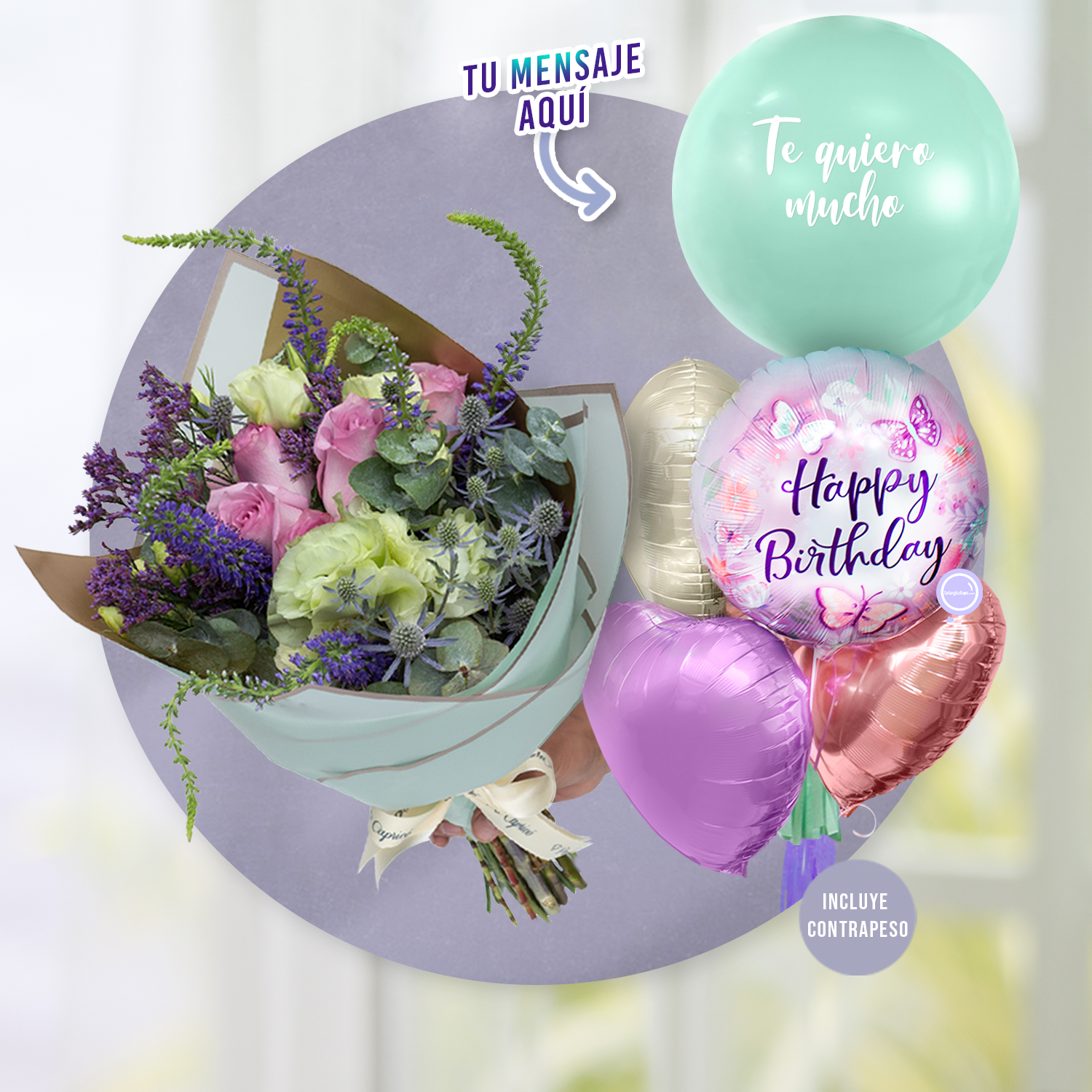 Ramillete de Rosa Lila, Lisianthus Limón y Verónica + Bunch de Globos con Helio Personalizado -SET049-