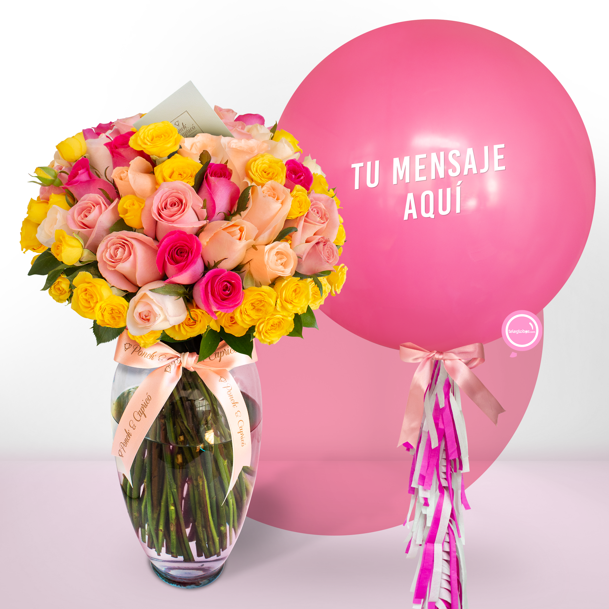 Ramo de Rosas Amarillas y Rosadas Mixtas (Rosadas, Peach y Fucsia)