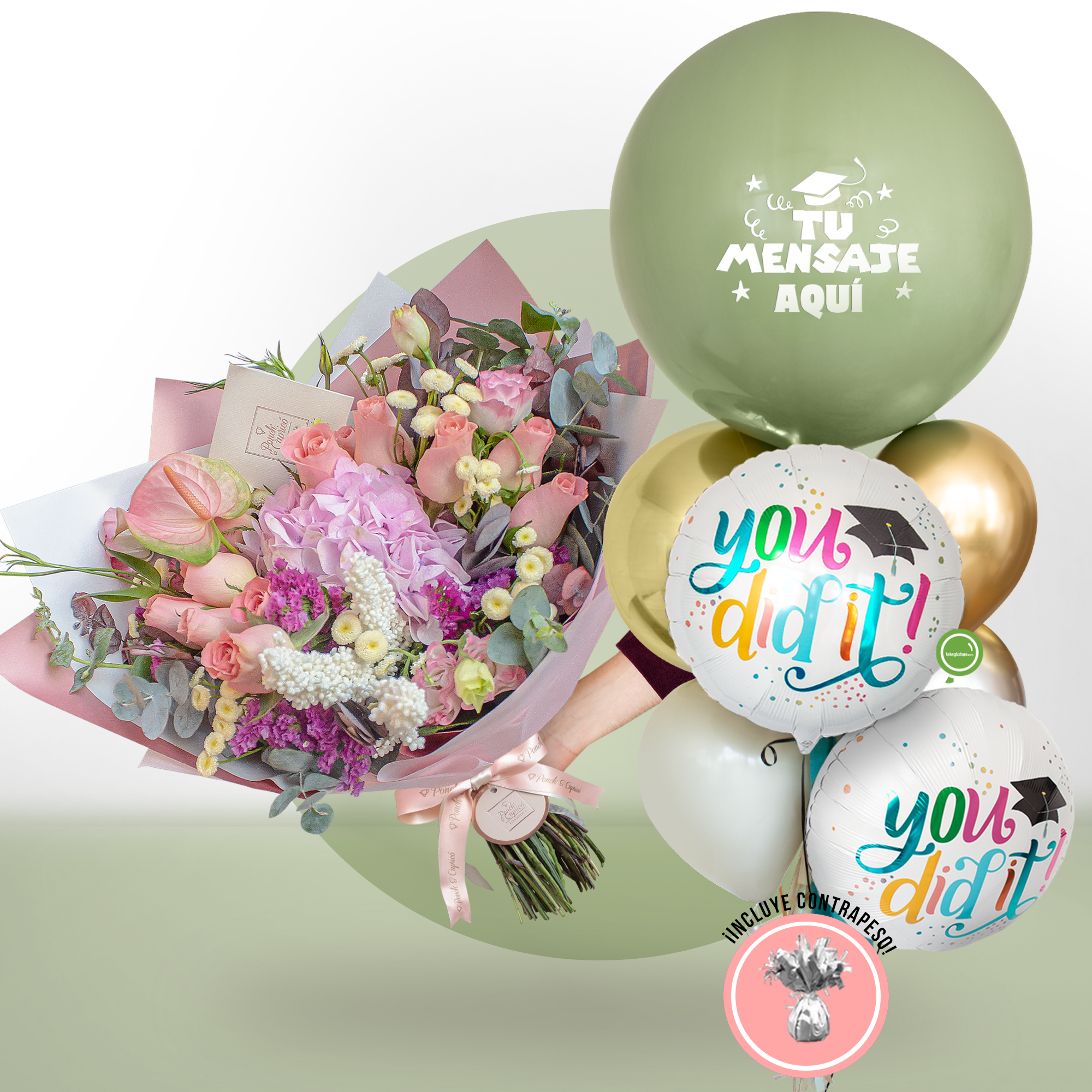 Ramo de Rosas Hermosas, Anturio, Lisianthus Pecoté Rosa y Sorgo Blanco Preservado + Bunch de Globos para Graduación