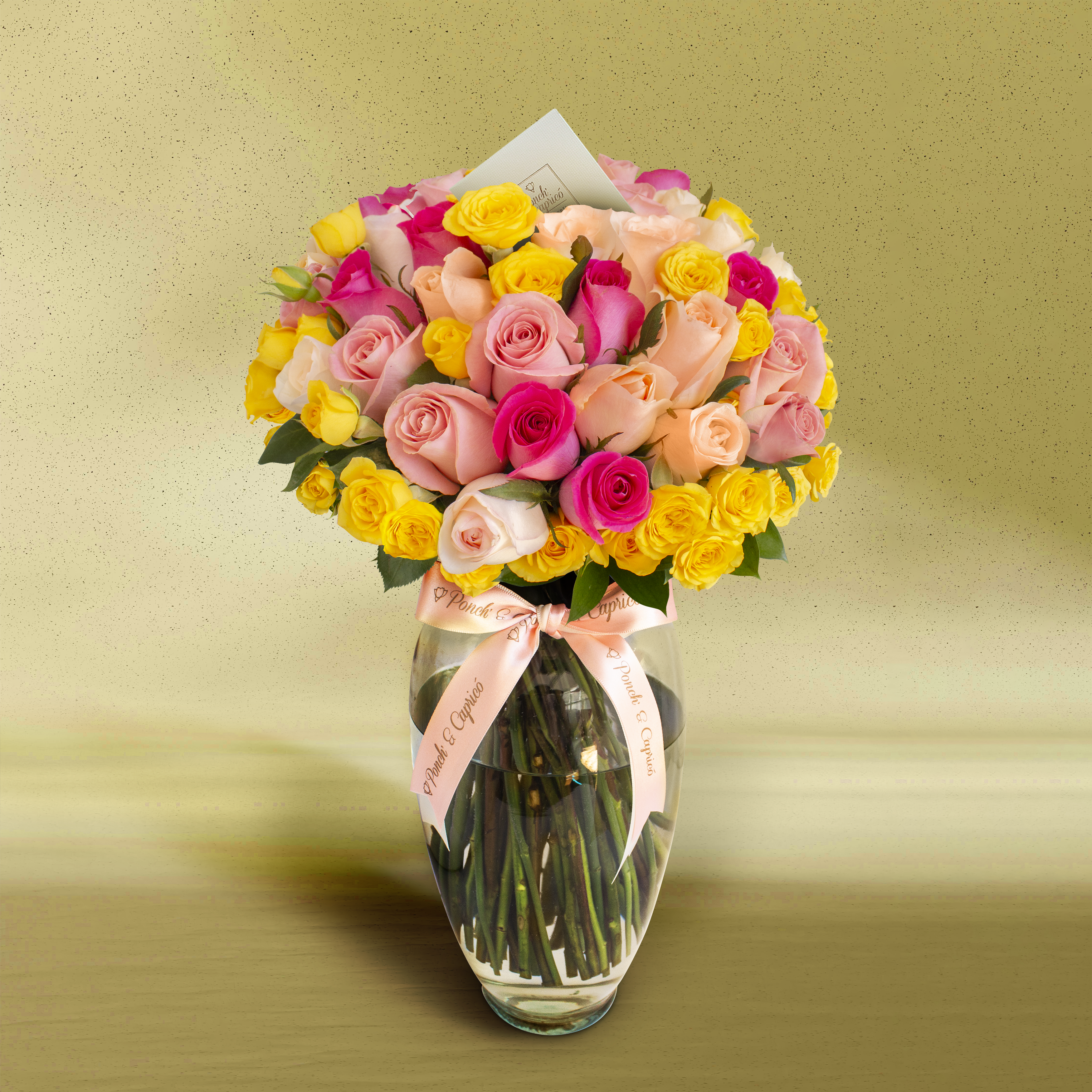 Hand-Tied Bouquet of yellow and mixed pink (pink, peach and fuchsia) roses)