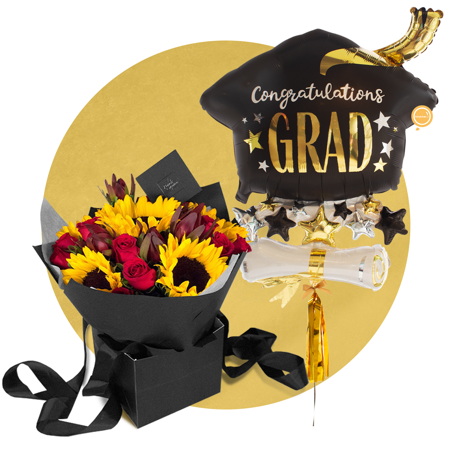 Ramo de Rosas con Girasoles y Safari + Globo Gigante de Graduación -SET157-
