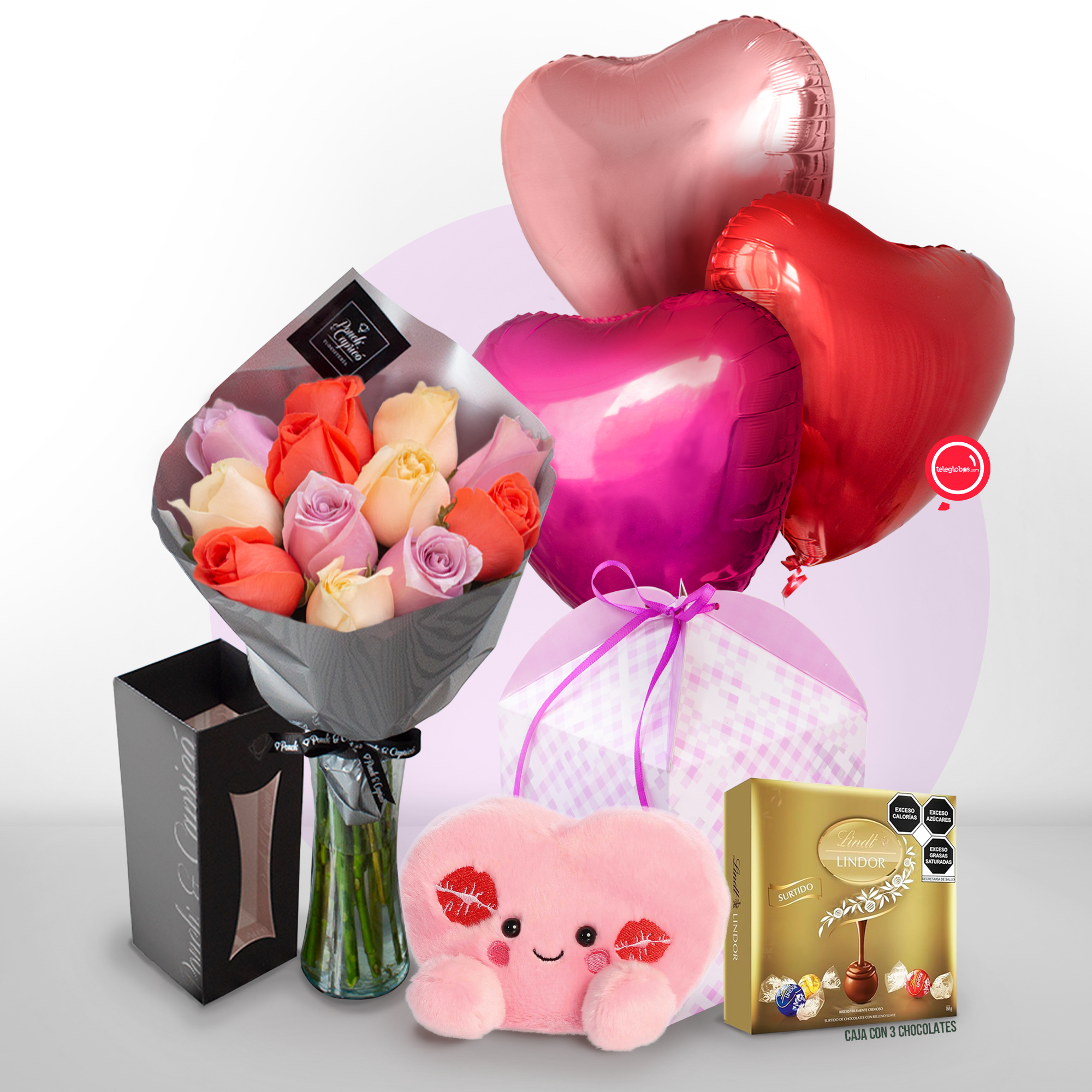 Regalo de Amor con Globos de Corazón Mix y Peluche de Corazón - SET130 -