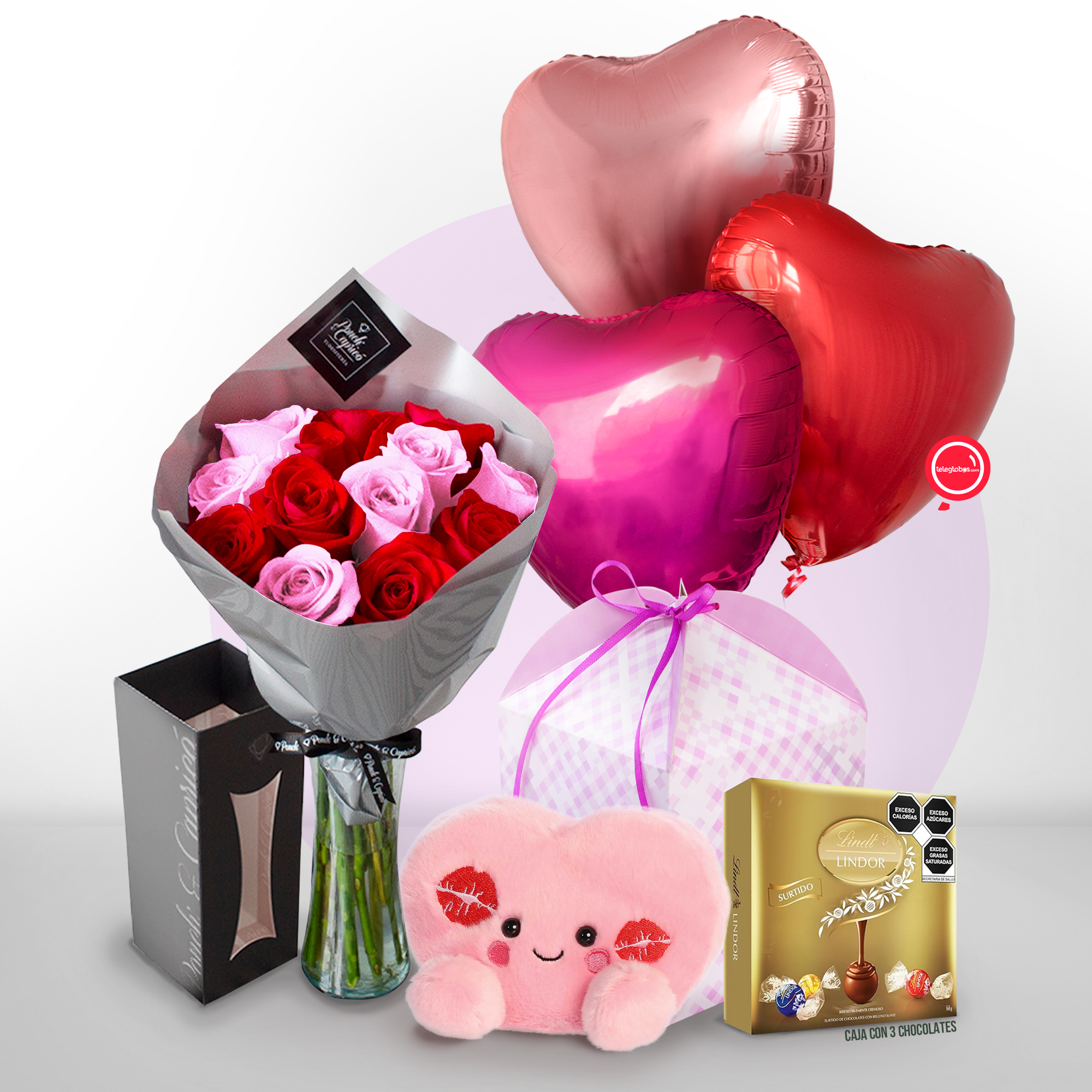 Regalo de Amor con Globos de Corazón Mix y Peluche de Corazón - SET130 -
