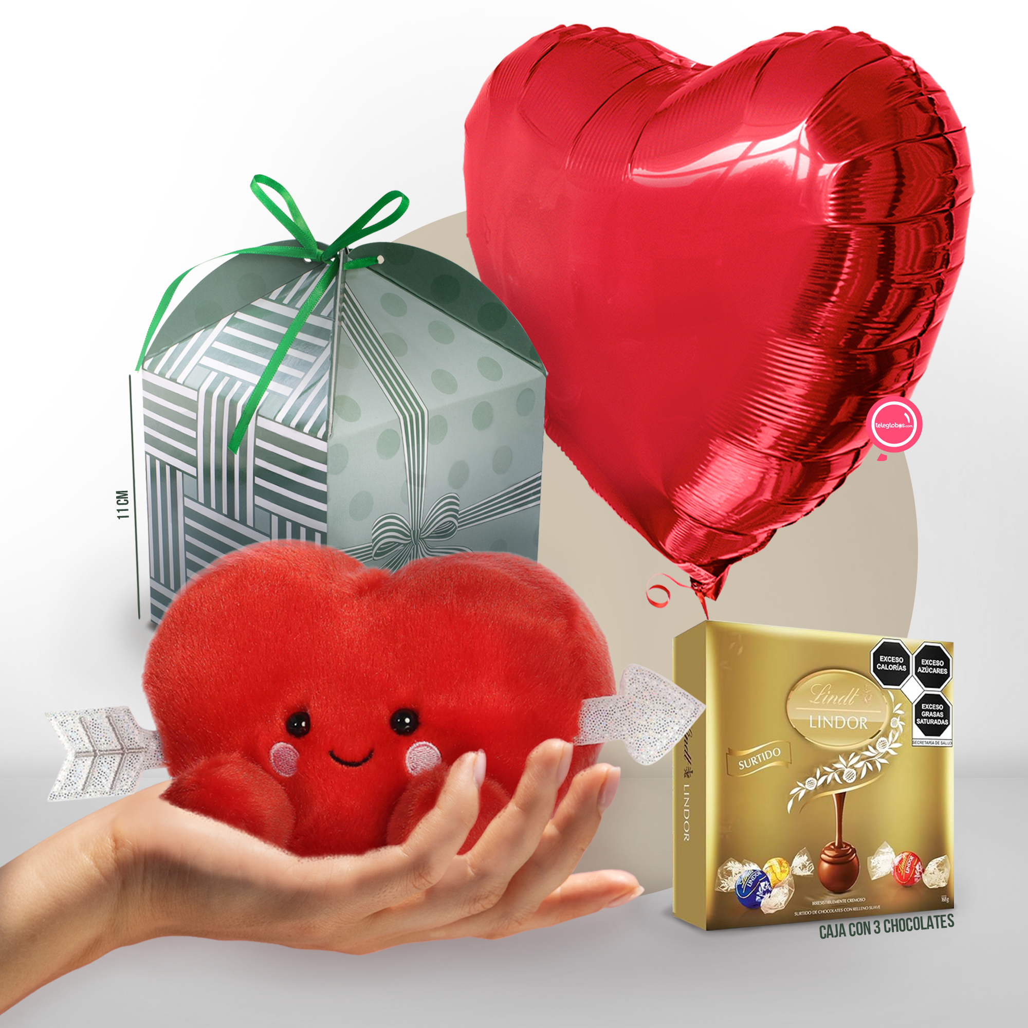 Regalo de Amor con un Peluche de Corazón y Chocolates. Tienda de Globos cerca de mi.