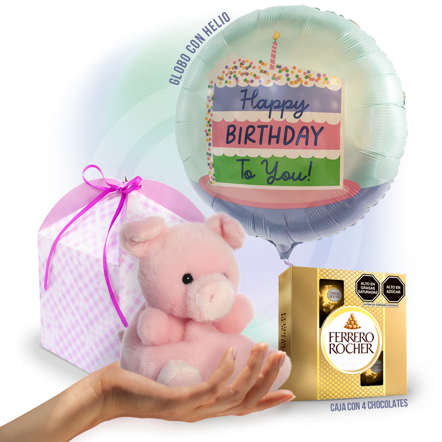Birthday gift with balloon and pig teddy