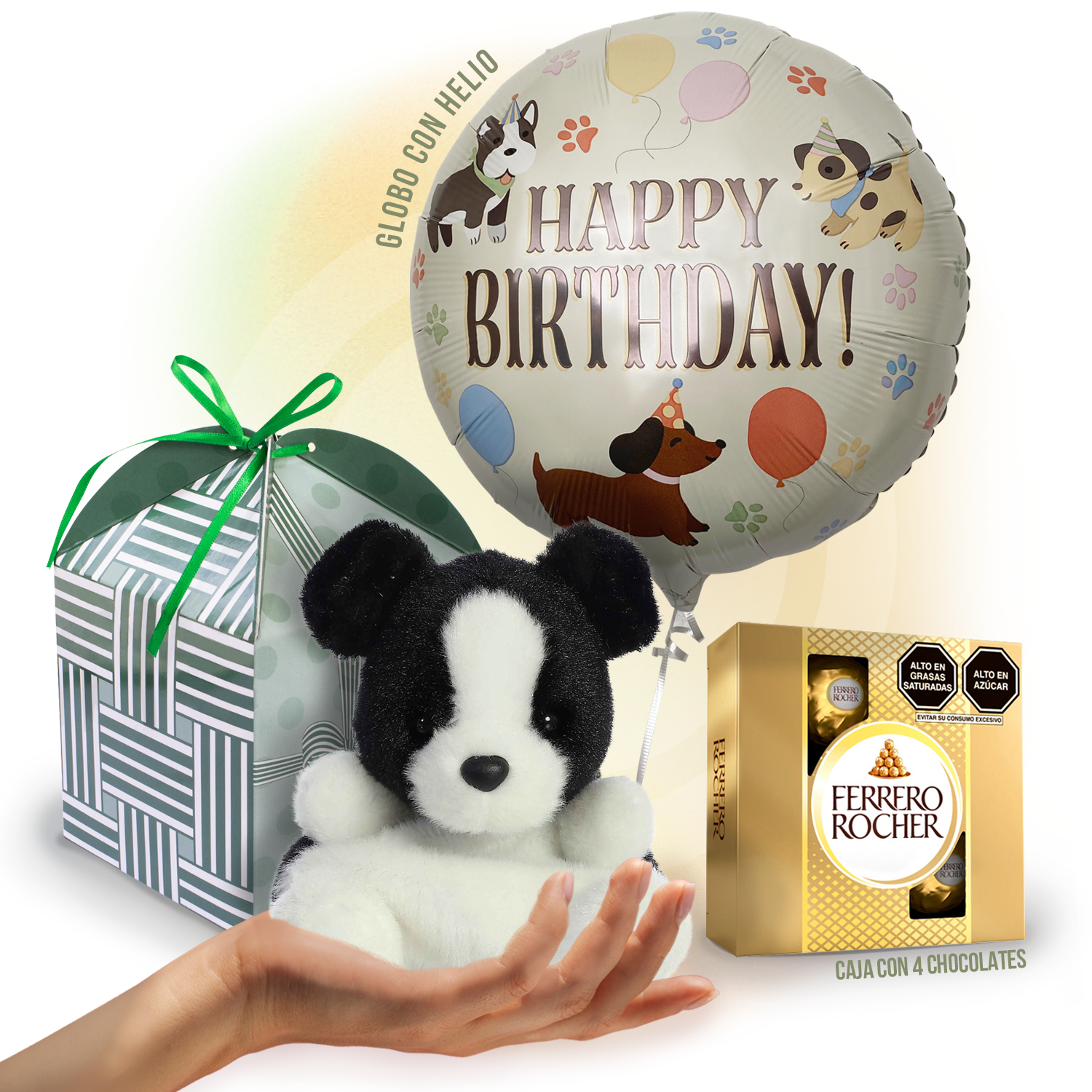 Birthday gift with balloon and puppy stuffed