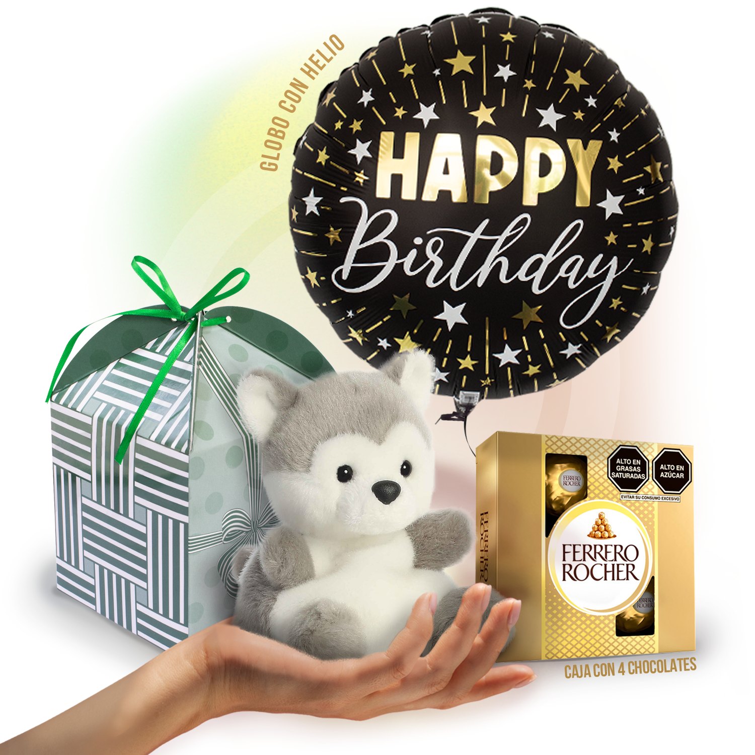 Regalo de Cumpleaños con Globo Inflado con Helio y Peluche de Perrito Husky.