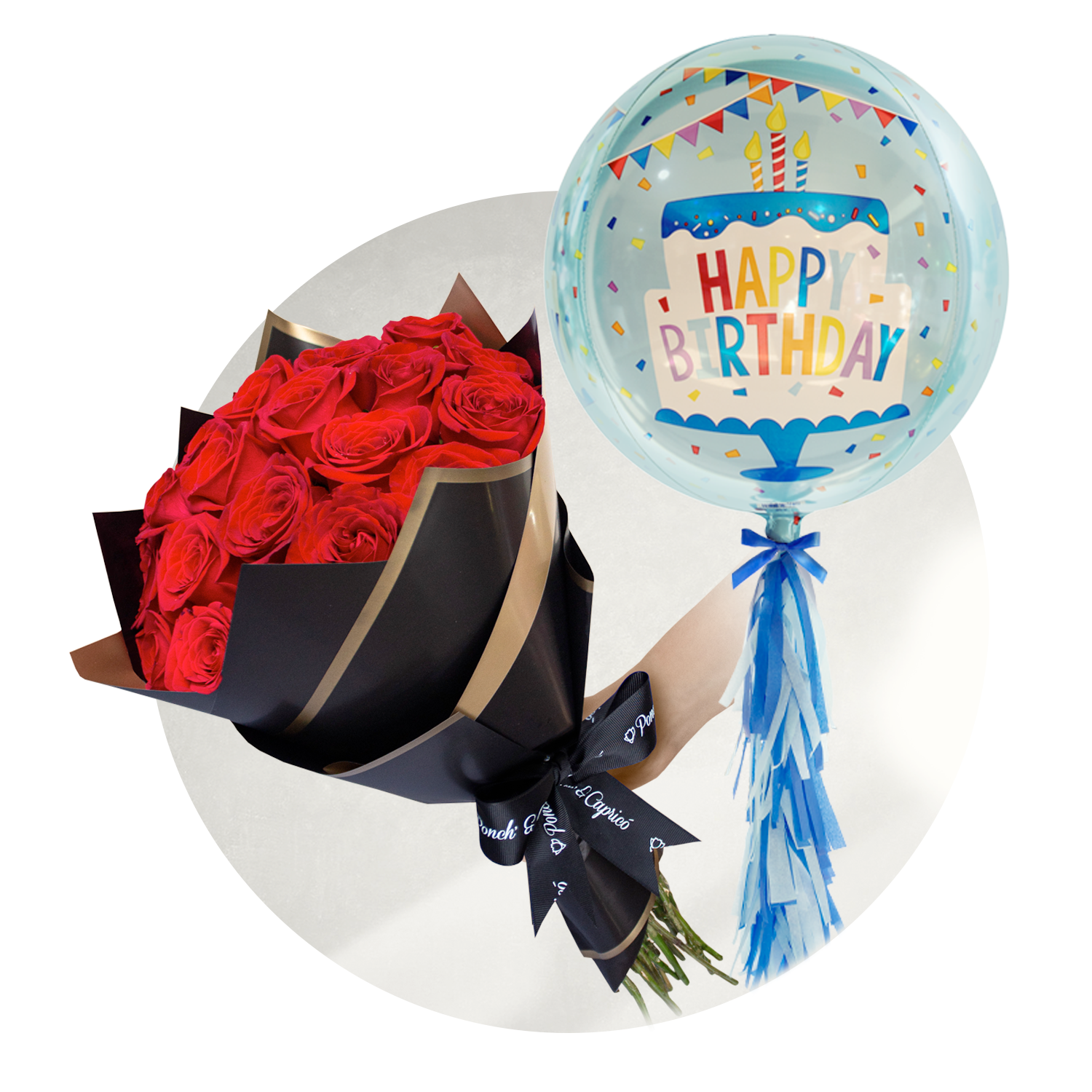Ramo de 24 Rosas Rojas con Globo Gigante de Happy Birthday | SET148
