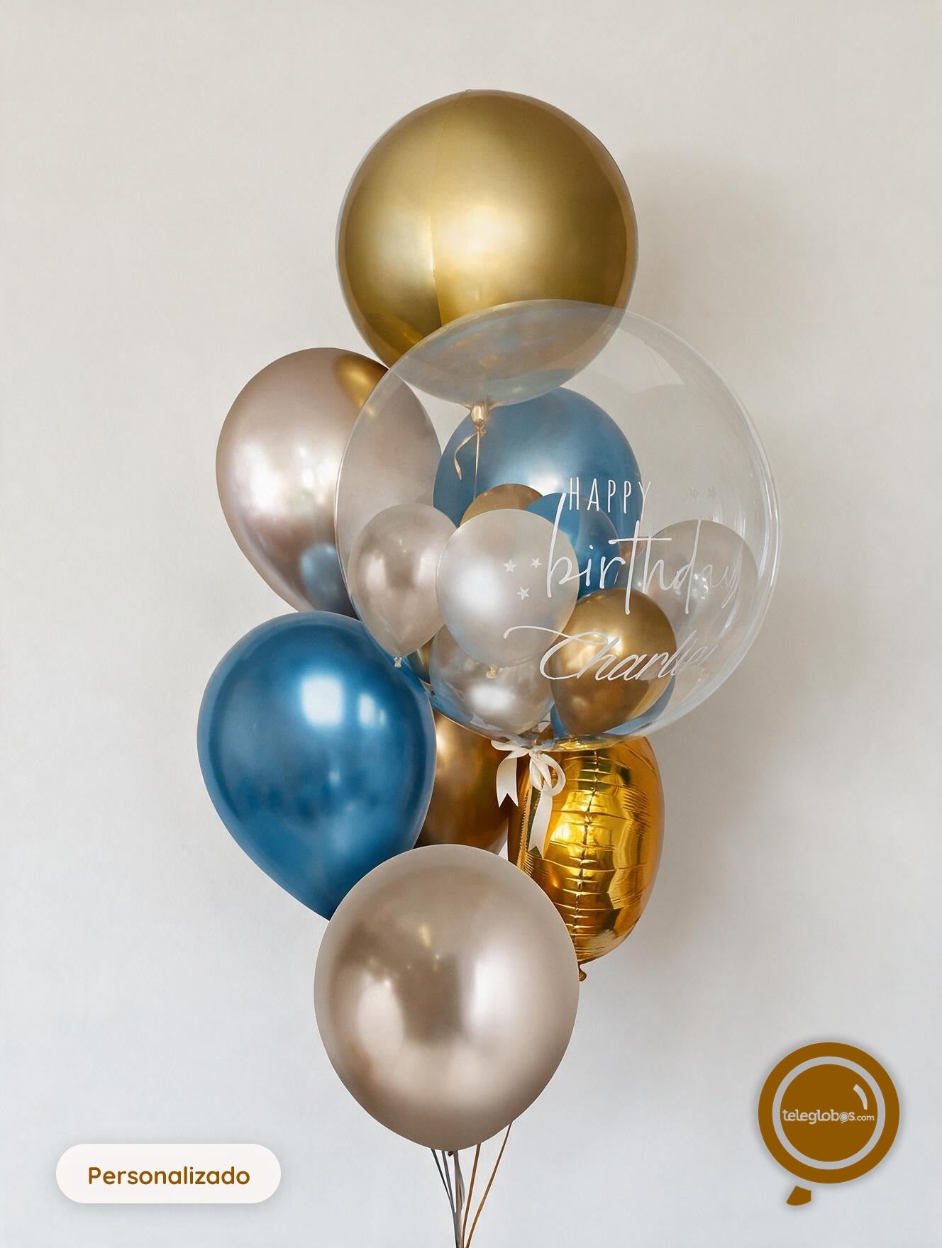 Bunch de globos y burbuja personalizada con helio - Gold Orbz -