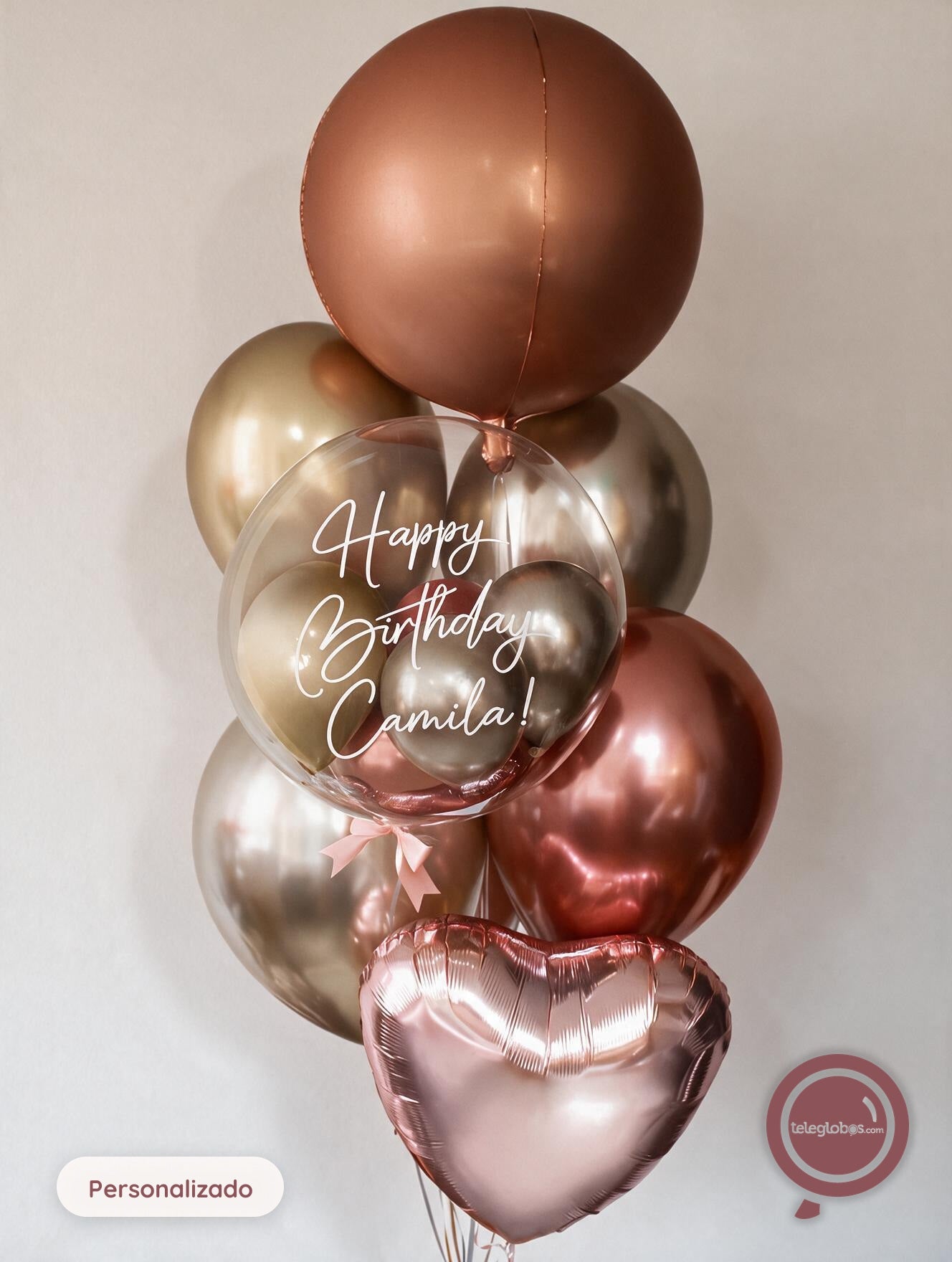 Bunch de globos y burbuja personalizada con helio Satin Cobre