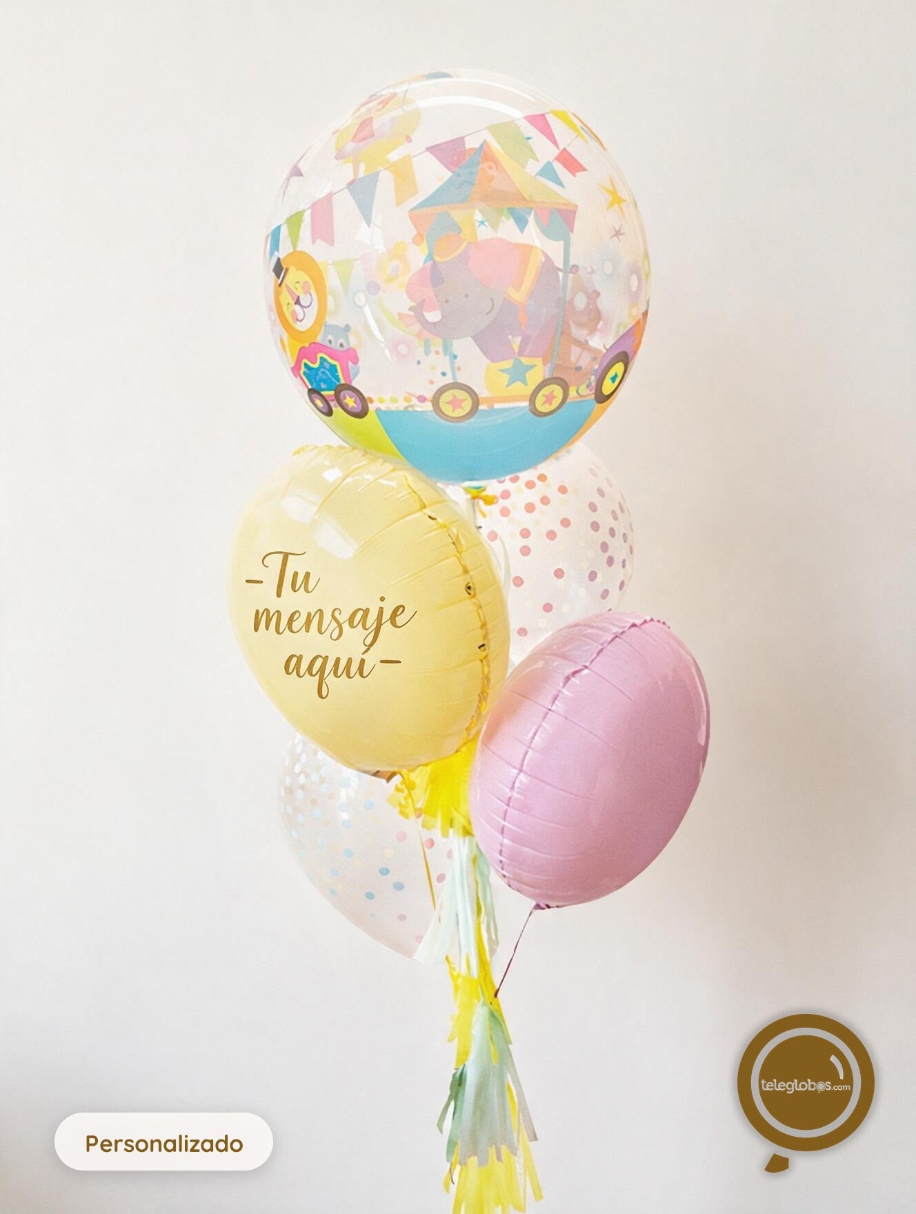 Bunch de globos con helio Burbuja -Circo- y personalizado