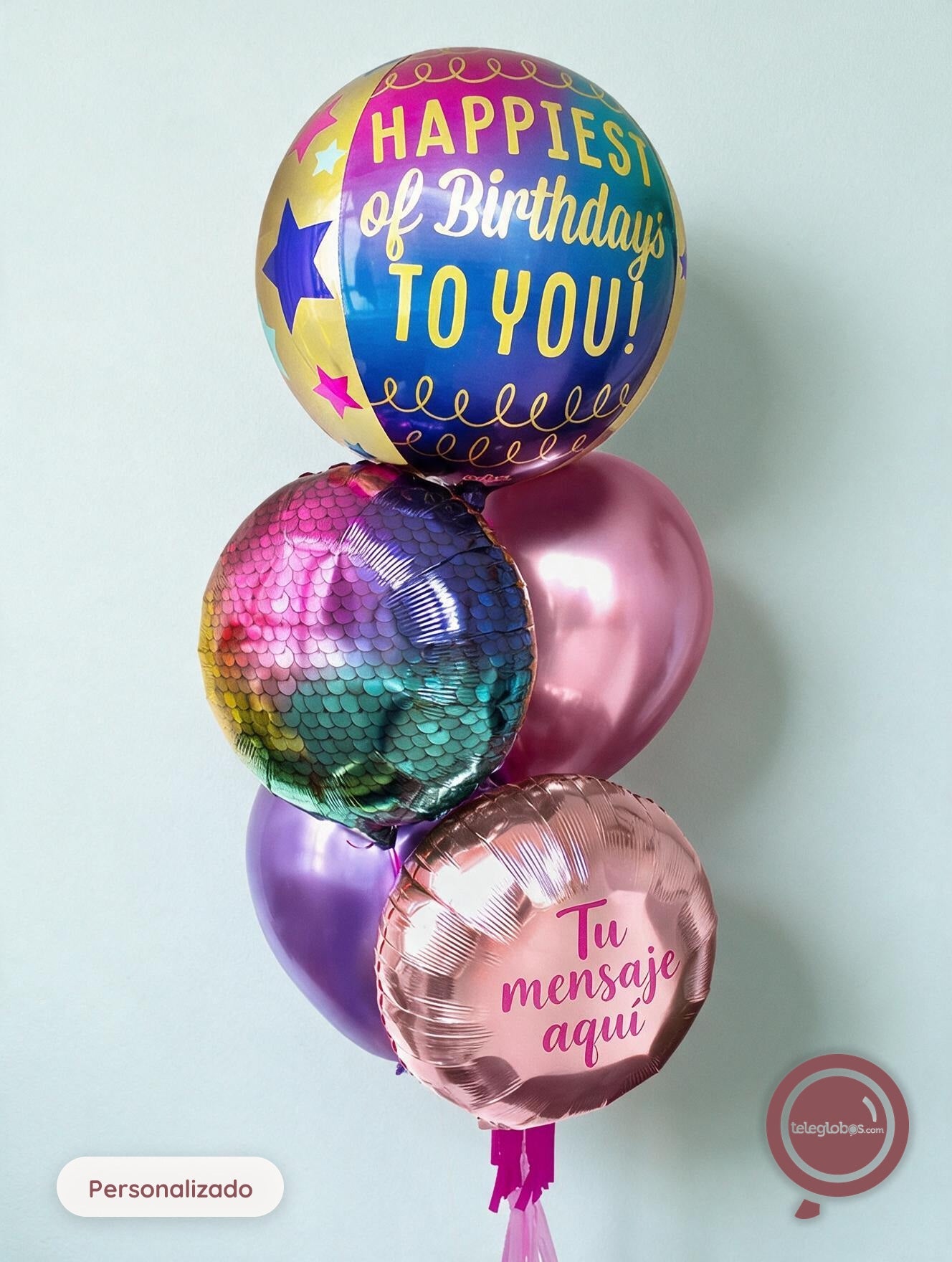 Bunch de Globos con Helio Personalizado - Happiest birthday to you -