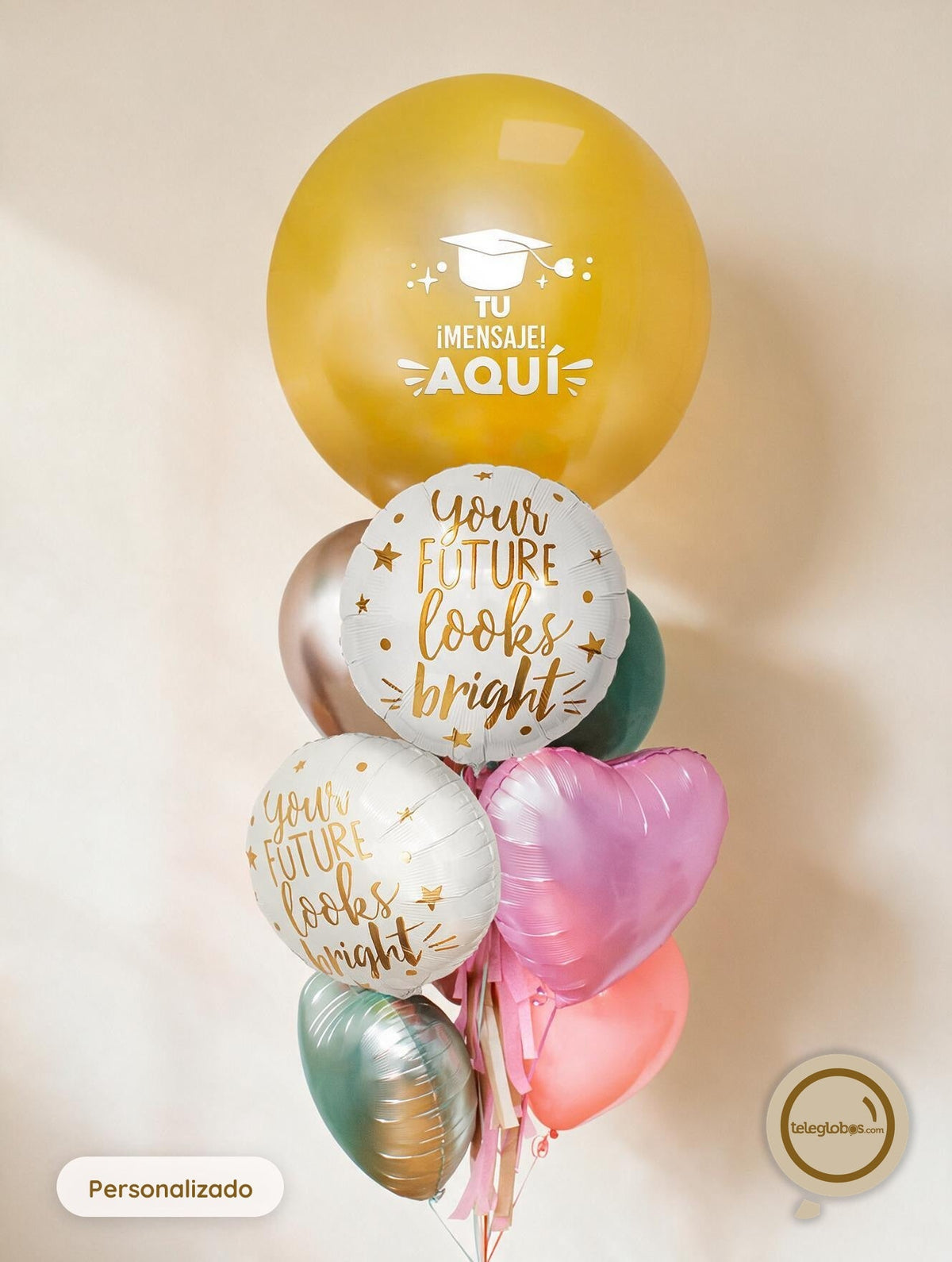 Arreglo floral de 40/45 Rosas Amarilla, Rosadas y Fucsia con Aquilea y Limonio + Bunch de Globos para Graduación - SET112 - globo