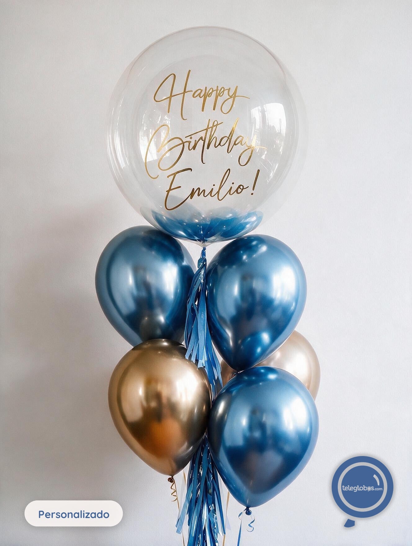 Bunch de Globos Personalizado con Helio - Azul & Oro -