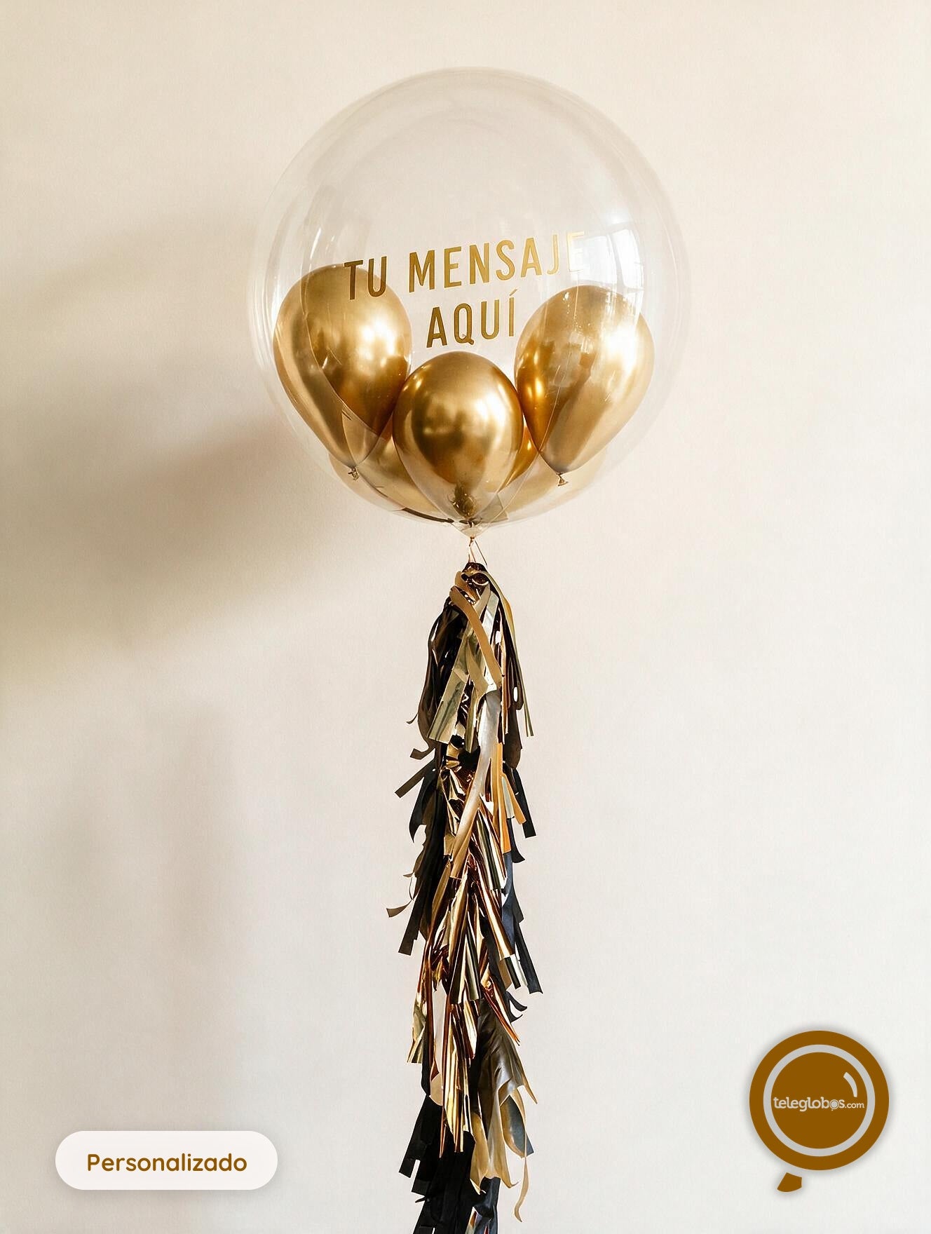 Globo Burbuja Personalizado de 24" con mini globos cromados dorados