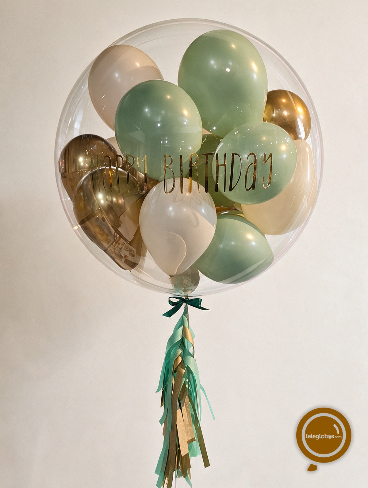 Globo Burbuja Personalizado de 36" con 20 Globos Mini de 5" Verde Oliva y Dorado
