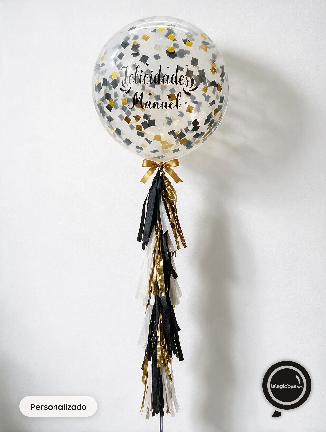Globo gigante personalizado con confetti Negro/Dorado/Plata