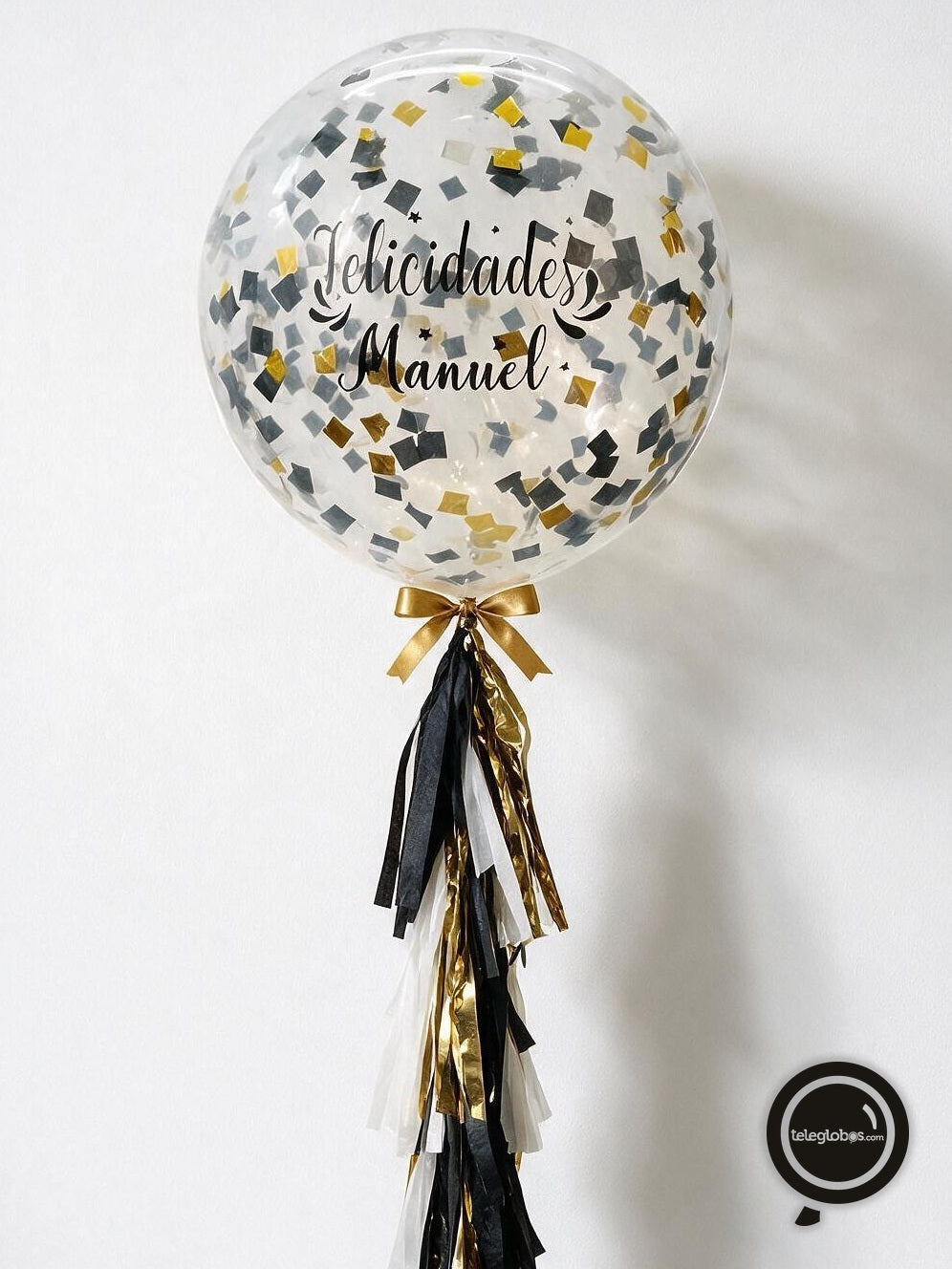 Globo gigante personalizado con confetti Negro/Dorado/Plata