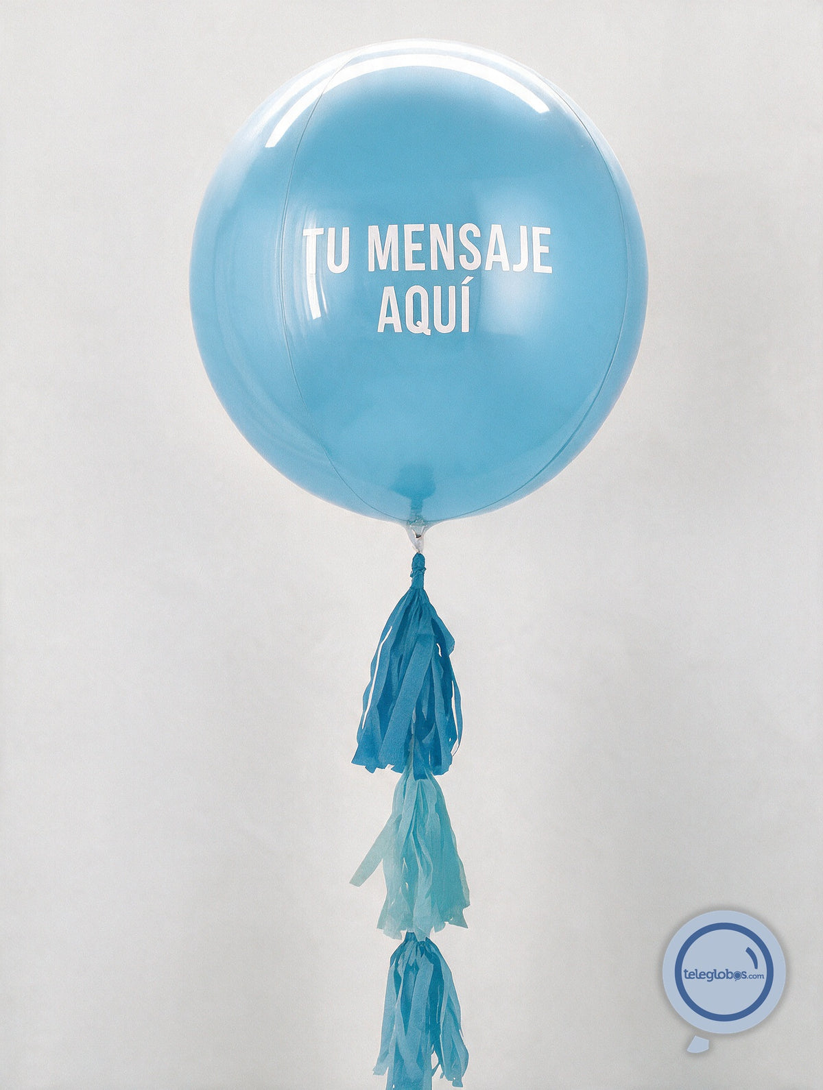 Globo Orbz White Gold Metálico Gigante Personalizado con Helio y Borlas - Azul Cielo